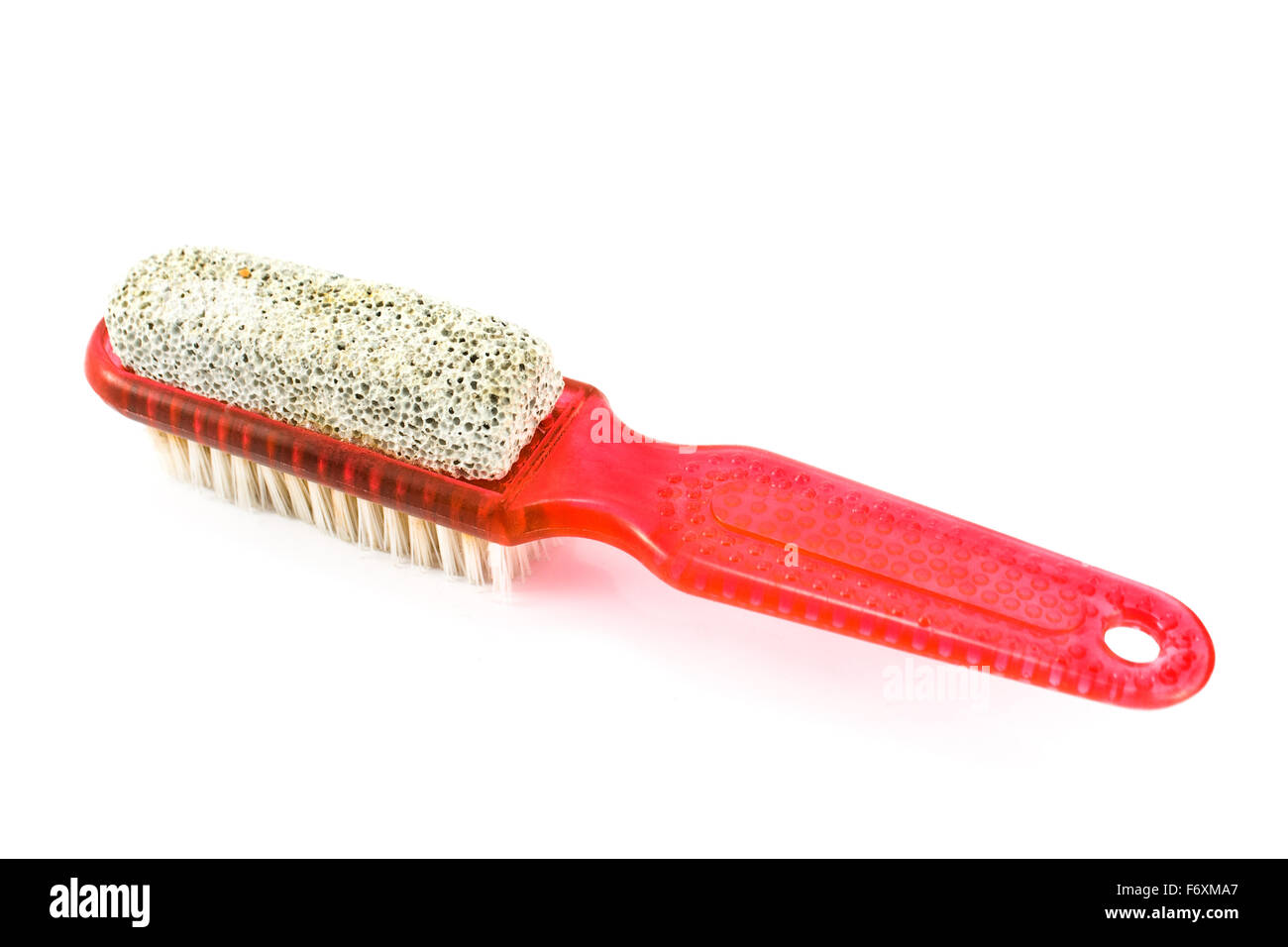 Red bath brush with bristle and pumice isolated on white Stock Photo