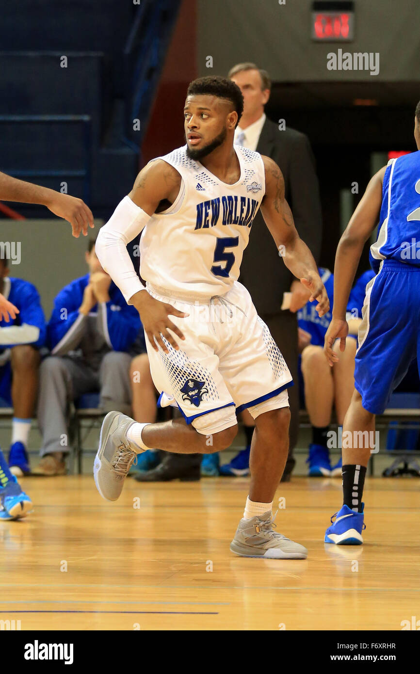November 19, 2015:New Orleans Privateers guard Christavious Gill (5) looks to setup the play during the game between the University of New Orleans and Pensacola Christian College at the UNO Lakefront Arena in New Orleans, LA . Steve Dalmado/Cal Sport Media Stock Photo