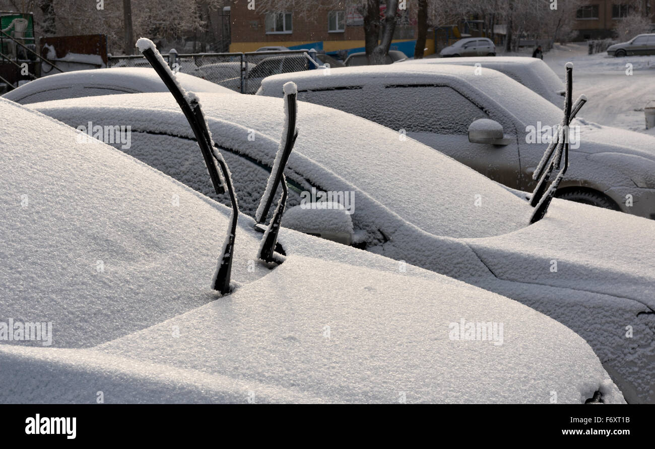 Hoar frost on windscreens of cars Stock Photo