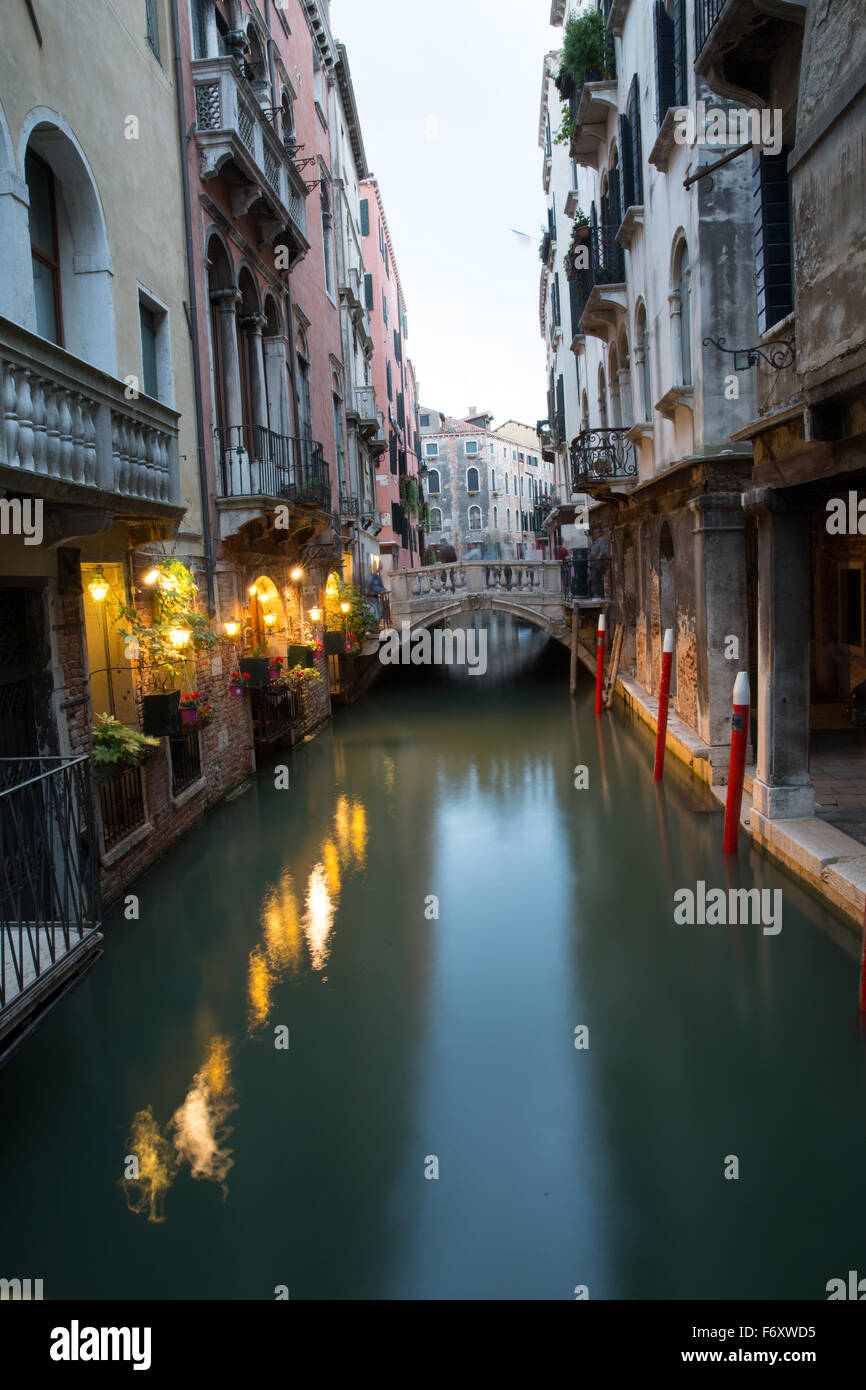 Evening view of canal, Venice, Italy. Smooth water from long exposure Stock Photo