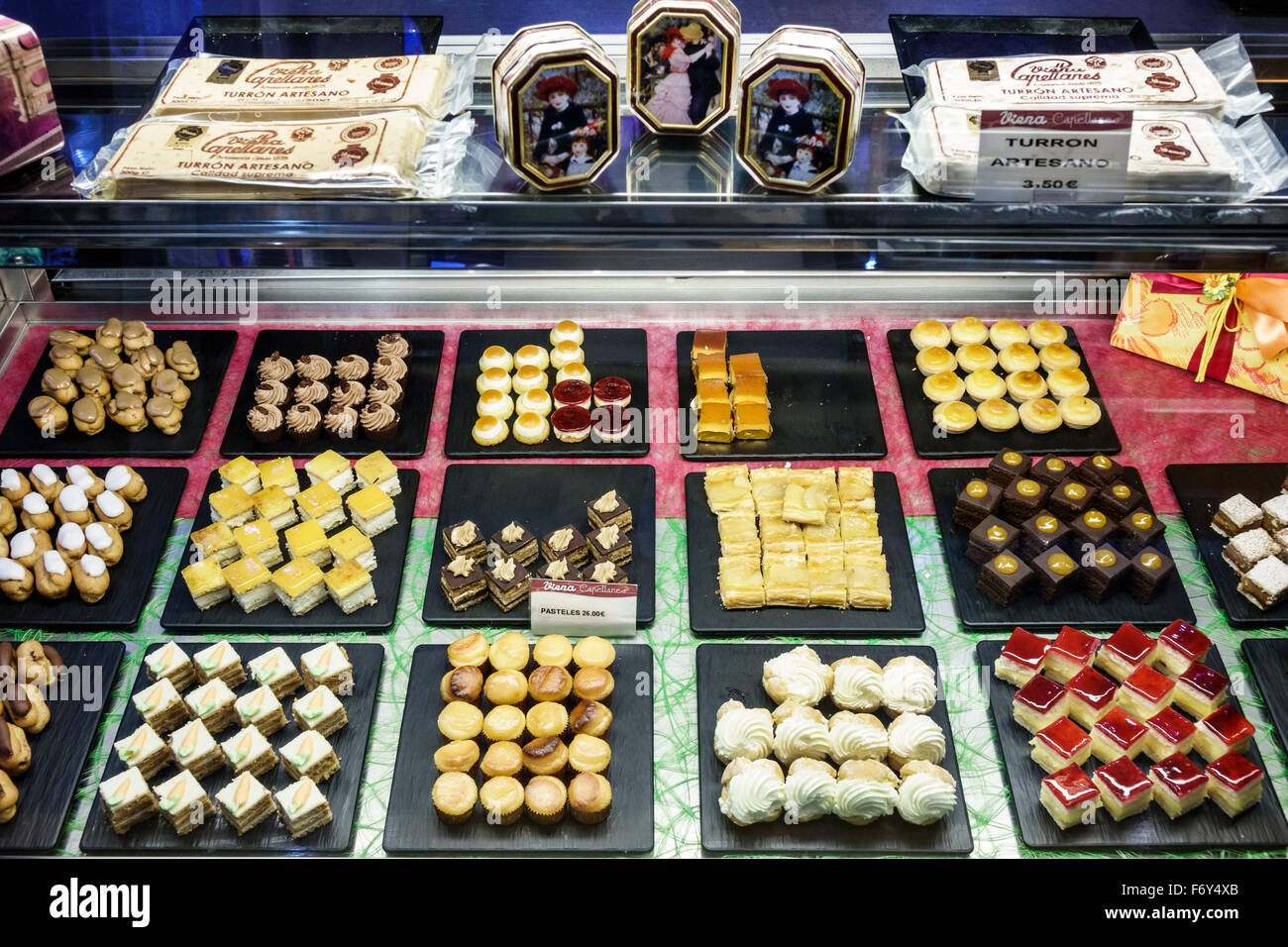 Madrid Spain,Hispanic Centro,Calle de Genova,Viena Capellanes,confectionery,pasteleria,fine pastry,pastries,turron,display sale case,desserts,sweets,S Stock Photo