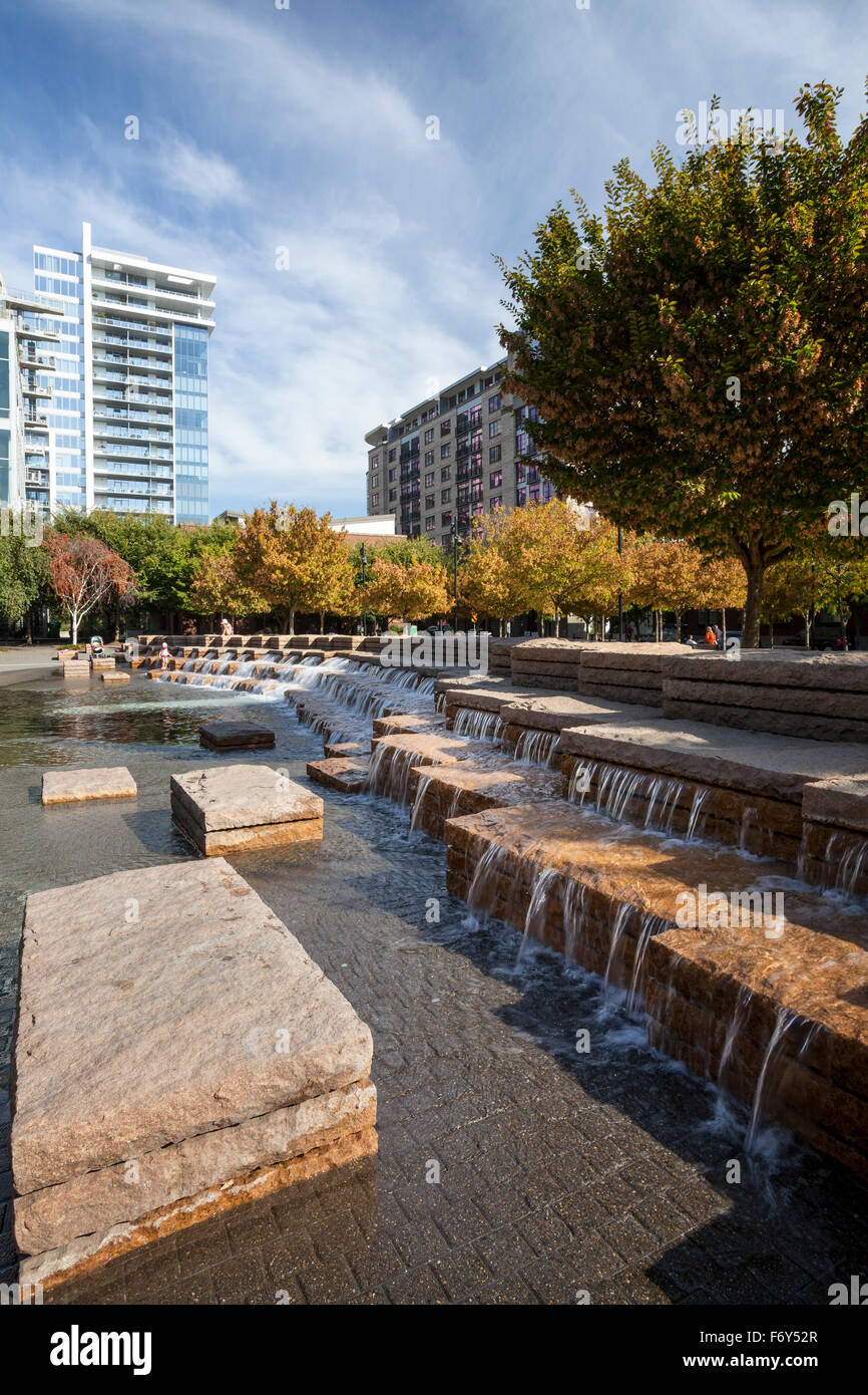 Waterfalls in Jamison Plaza in the Pearl District of Portland, Oregon. Stock Photo