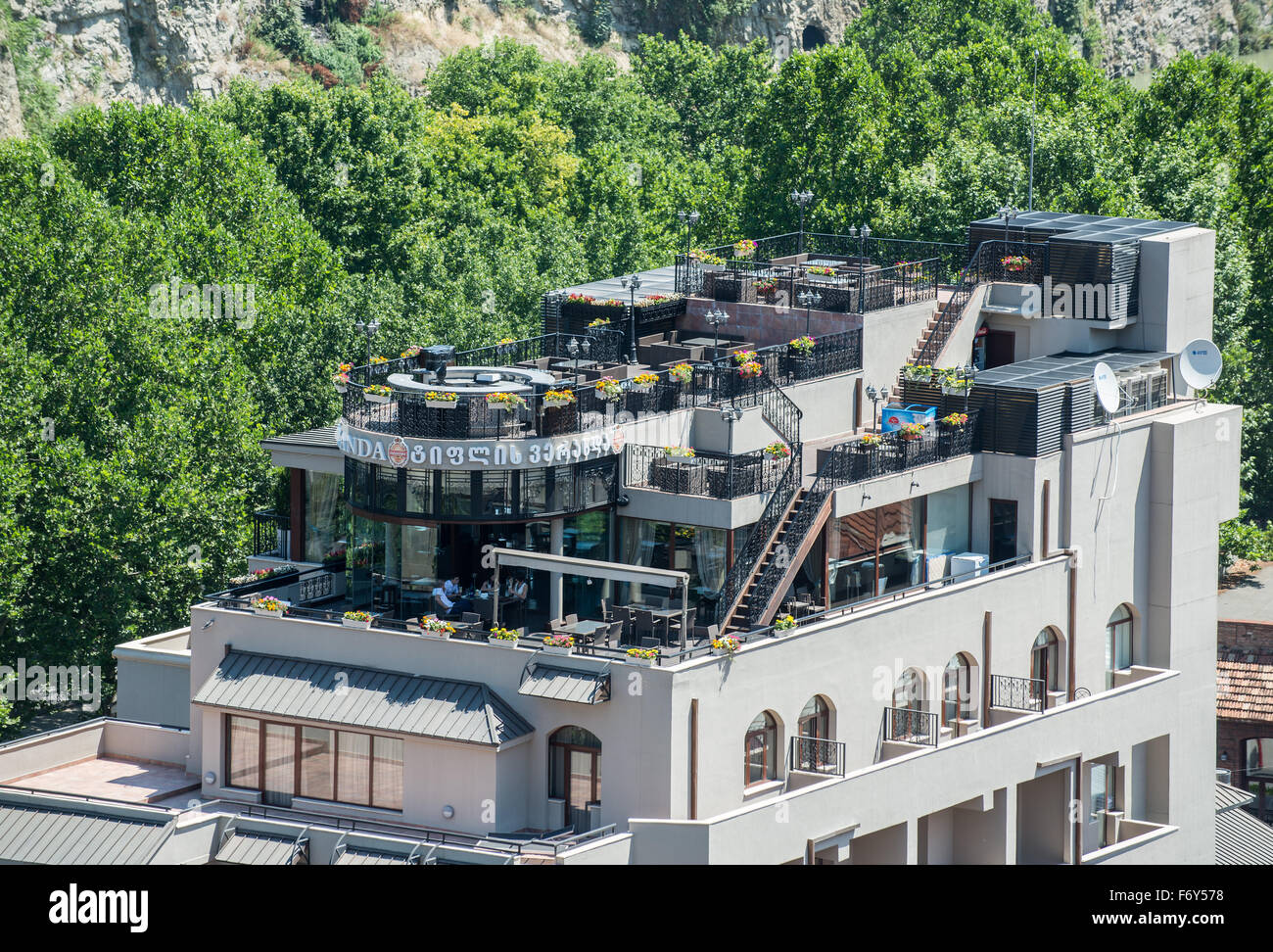 Rooftop restaurant in Tiflis Palace Hotel, Tbilisi, Georgia Stock Photo
