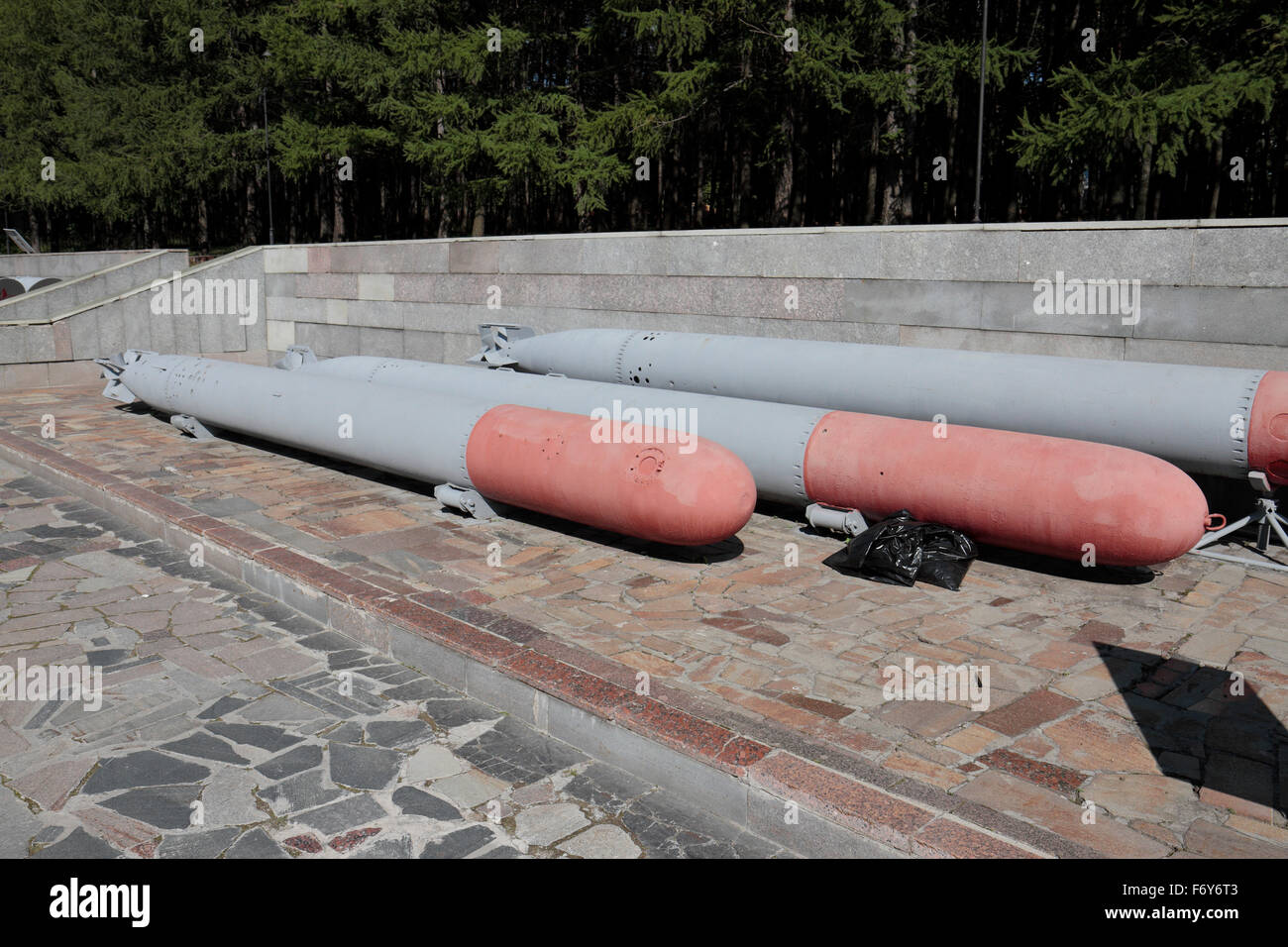 WWII era Soviet 533mm torpedoes type 53-39 in the Exposition of Military Equipment in Park Pobedy, Moscow, Russia. Stock Photo
