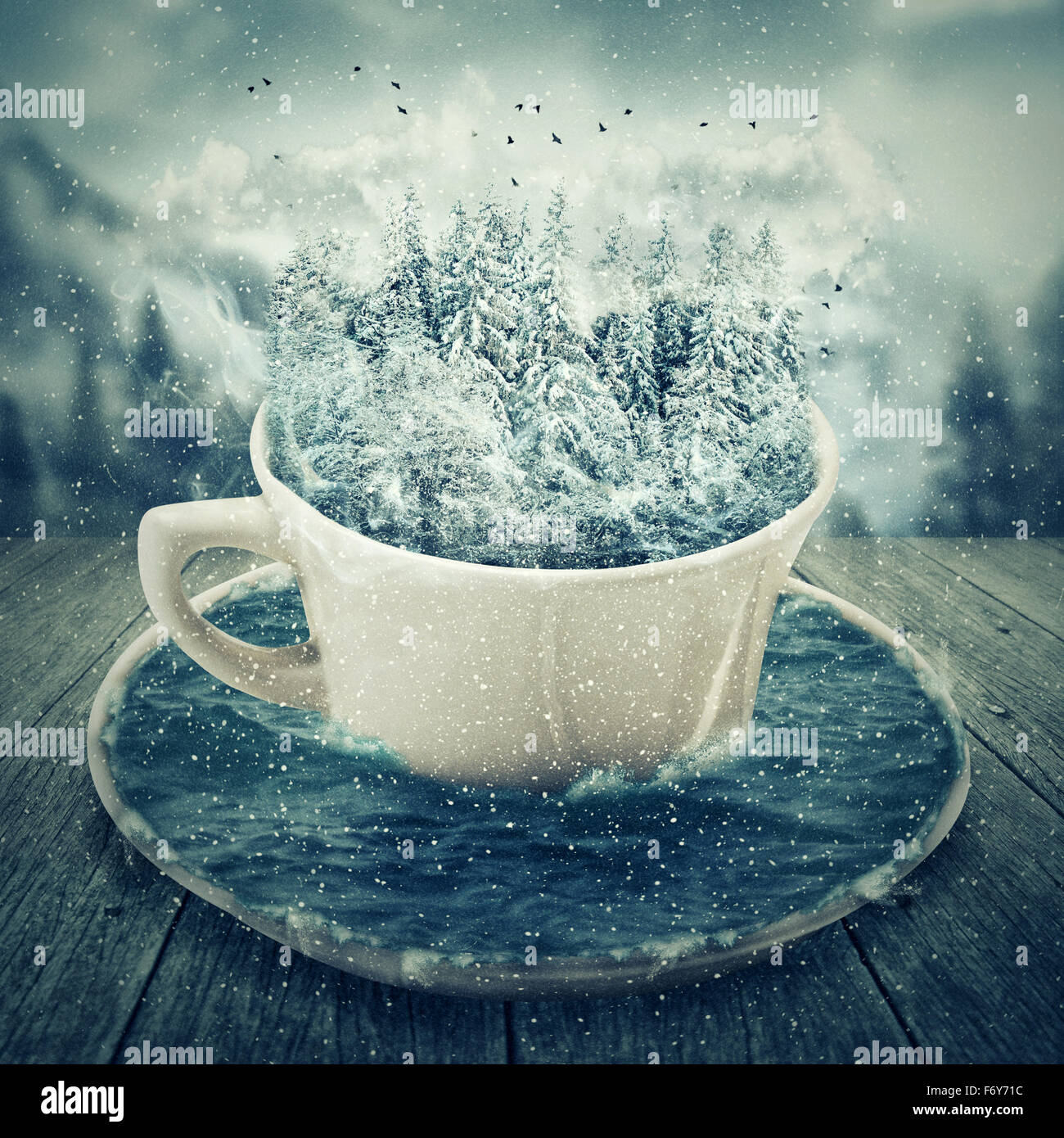 Illustration of a magic cup in a cold winter day. A winter forest in mounts. Have a break to dream of vacation.  Fantasy world, Stock Photo