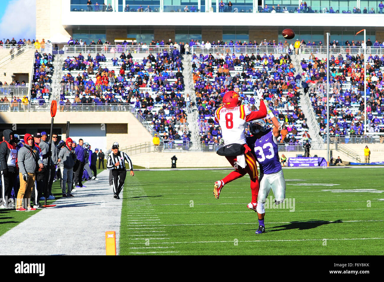 Manhattan, Kansas, USA. 21st Nov, 2015. Iowa State Cyclones wide receiver D'Vario Montgomery (8) goes up over Kansas State Wildcats defensive back Morgan Burns (33) for a second half reception that fell incomplete during the NCAA Football game between the Iowa State Cyclones and the Kansas State Wildcats at Bill Snyder Family Stadium in Manhattan, Kansas. Kendall Shaw/CSM/Alamy Live News Stock Photo