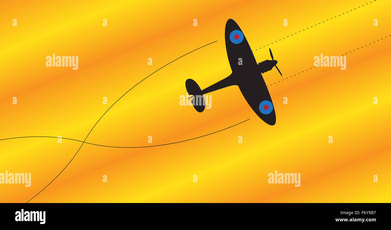 A spitfire silhouette firing all weapons on a colourful background Stock Photo