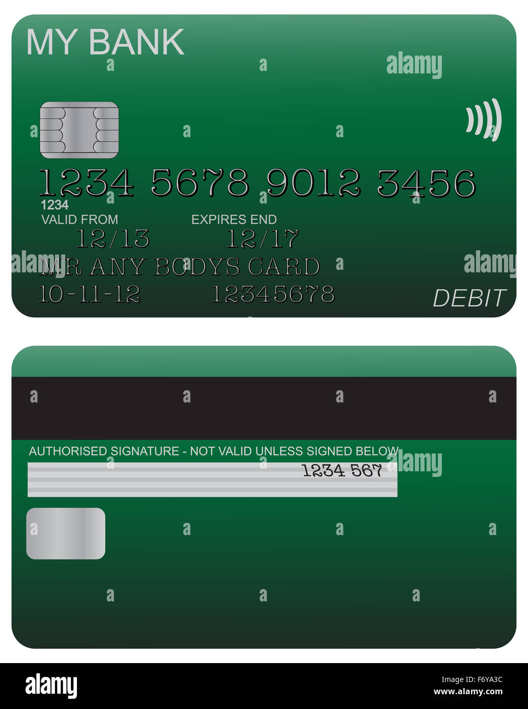 Front and back of green debit card design with detail isolated on a white background Stock Photo