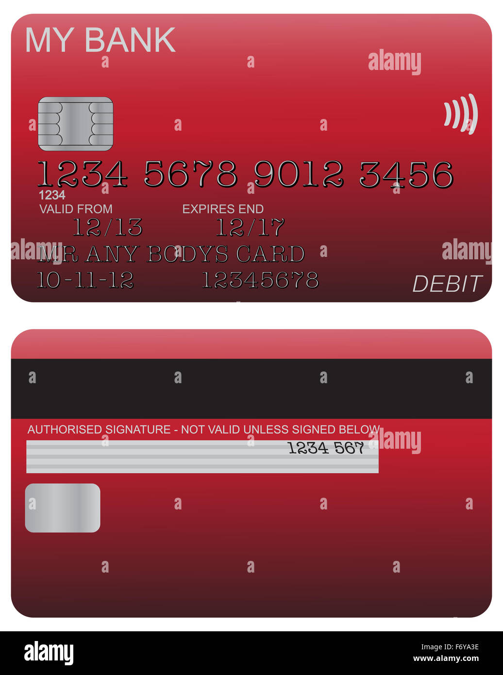 Front and back of red debit card design with detail isolated on a white background Stock Photo
