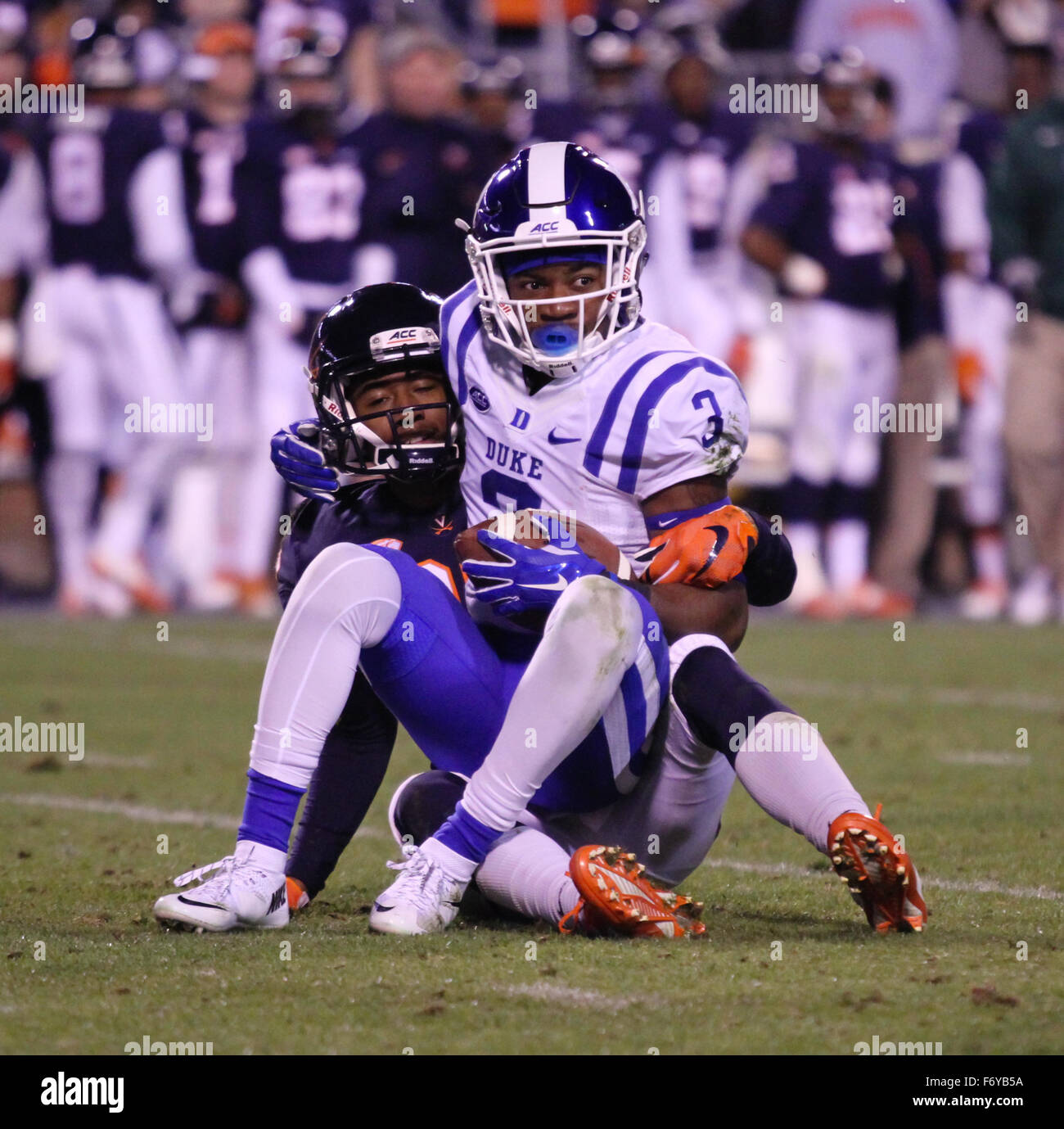 Charlottesville Va Usa 21st Nov 15 Duke Blue Devils Wide Receiver T J Rahming 3 Is Tacked By Virginia Cavaliers Cornerback Darious Latimore 39 During The Duke Blue Devils Vs Virginia Cavaliers Game