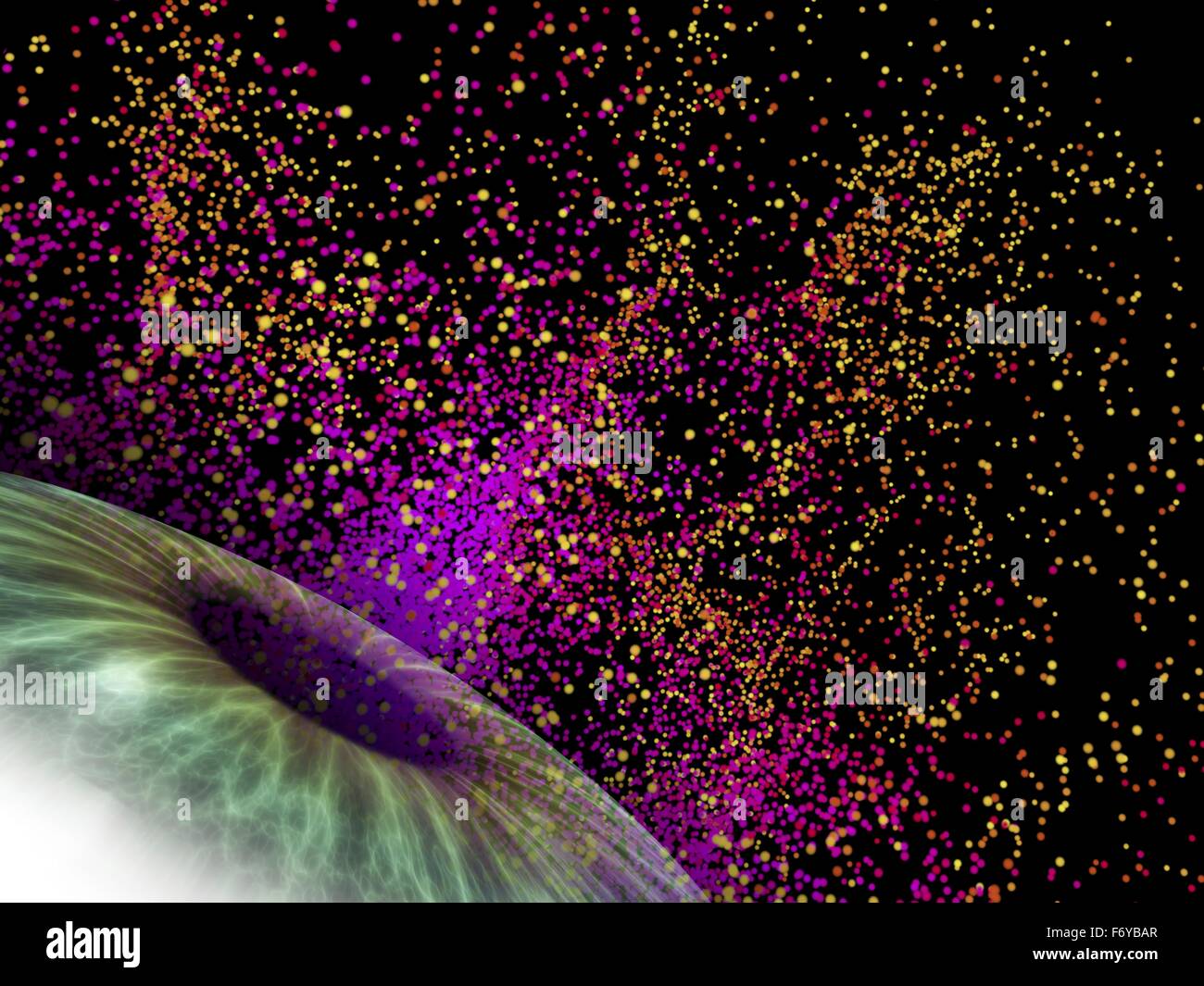 Computer artwork of a human eye, overlaid colourful particles, depicting fantasy, imagination, dreaming, physics, light or stars. Stock Photo
