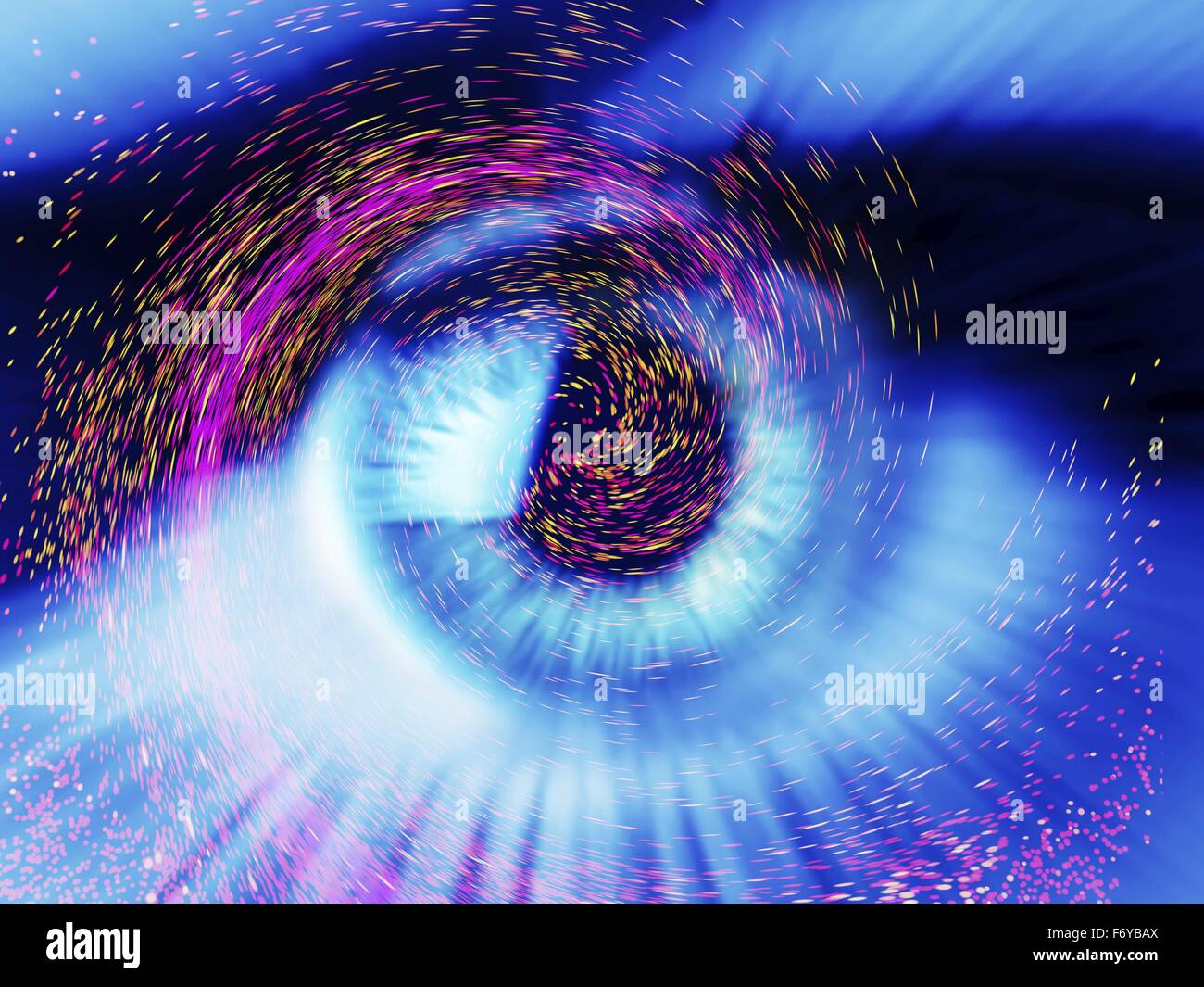 Photograph of a human eye overlaid computer artwork of colourful particles, depicting fantasy, imagination, dreaming, physics, light or stars. Stock Photo