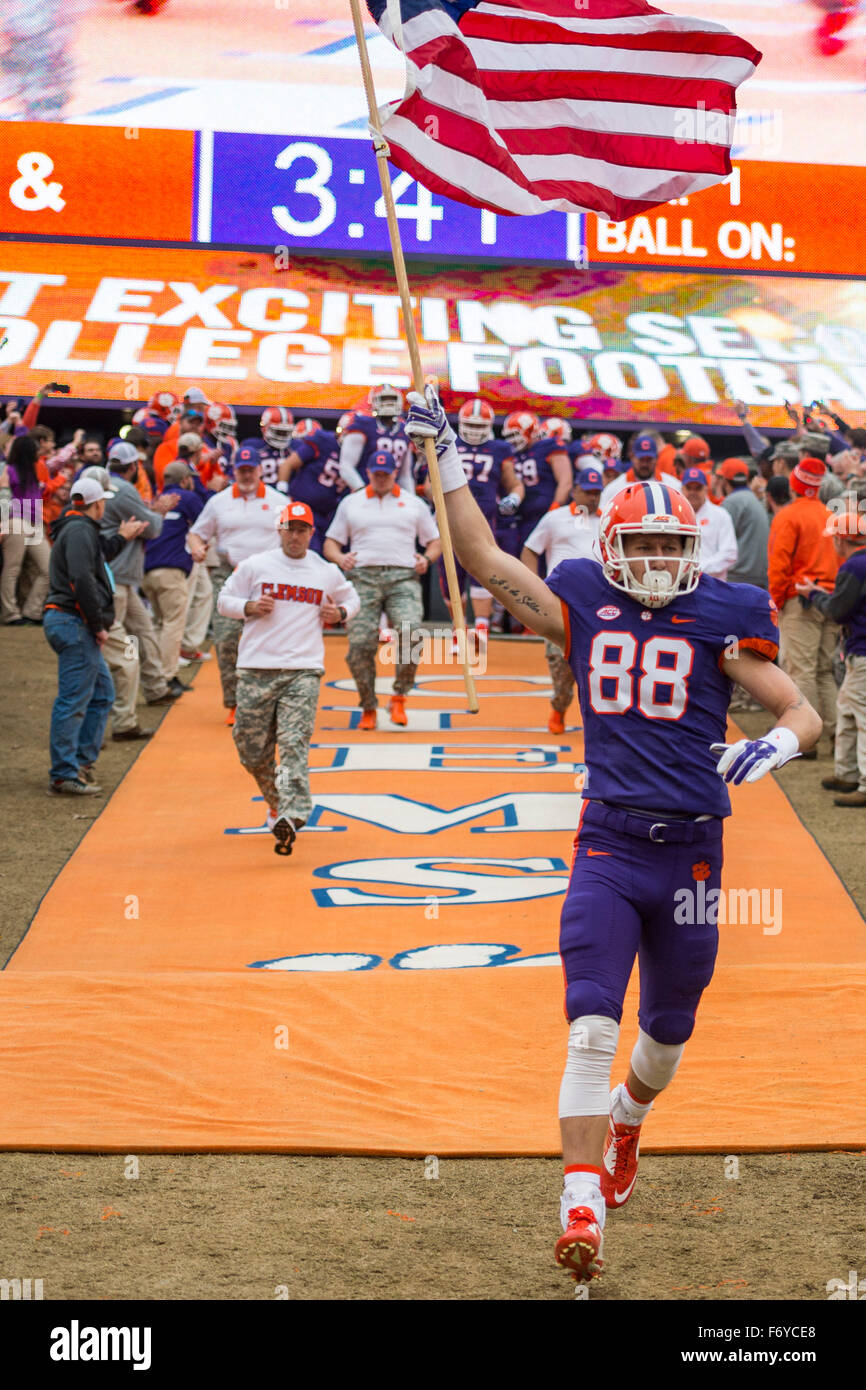 Clemson wide receiver Sean Mac Lain (88) carries the American flag in honor of military servicemen during military appreciation day during the NCAA college football game between Wake Forest and Clemson on Saturday Nov. 21, 2015 at Memorial Stadium, in Clemson, S.C. Jacob Kupferman/CSM Stock Photo