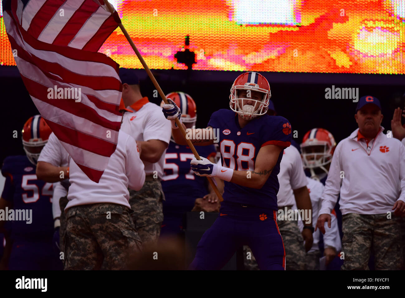Clemson wide receiver Sean Mac Lain (88) carries the American flag in honor of military servicemen for military appreciation day during the NCAA college football game between Wake Forest and Clemson on Saturday Nov. 21, 2015 at Memorial Stadium, in Clemson, S.C. Jacob Kupferman/CSM Stock Photo