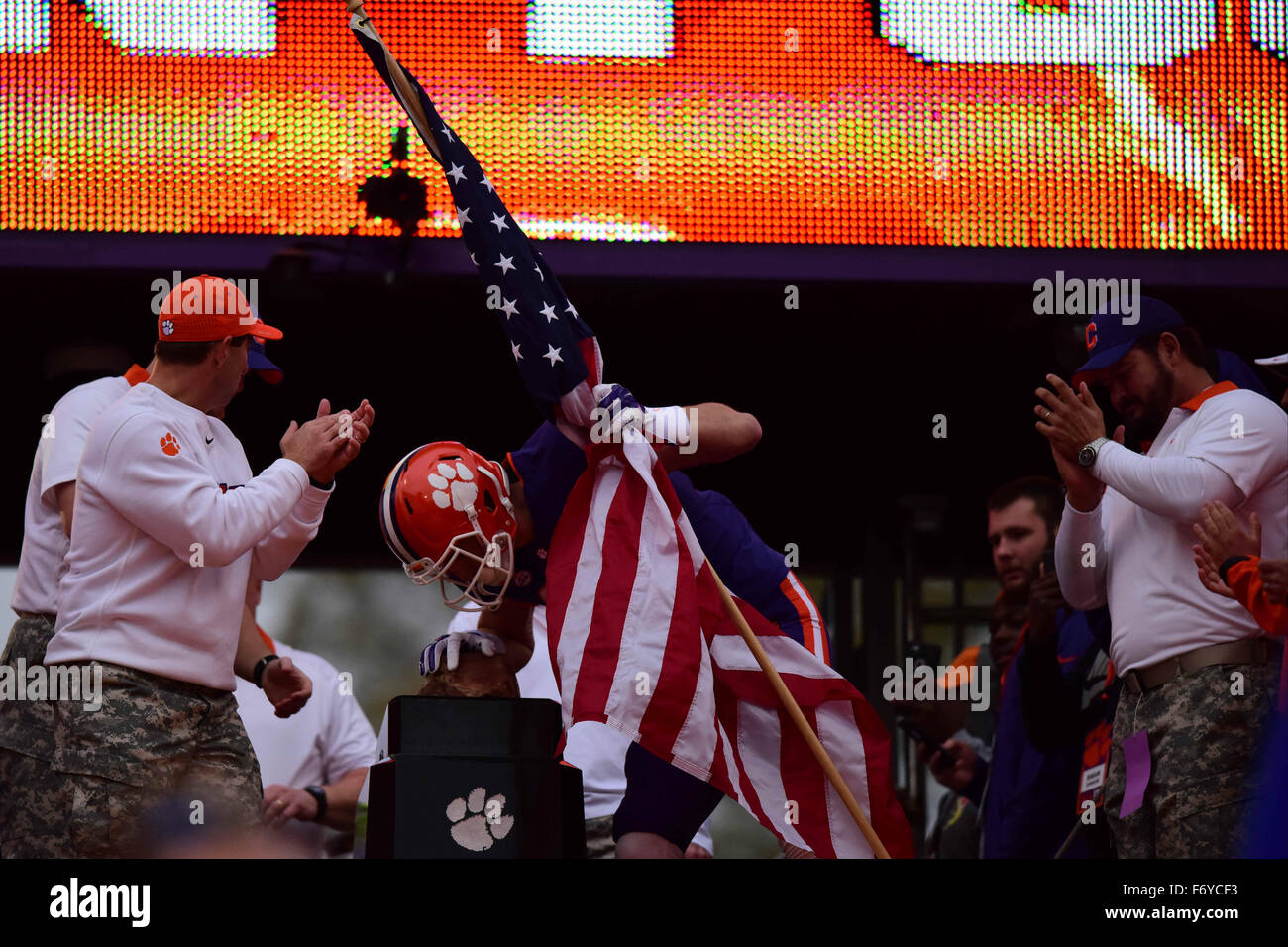 Clemson wide receiver Sean Mac Lain (88) carries the American flag in honor of military day before the NCAA college football game between Wake Forest and Clemson on Saturday Nov. 21, 2015 at Memorial Stadium, in Clemson, S.C. Jacob Kupferman/CSM Stock Photo
