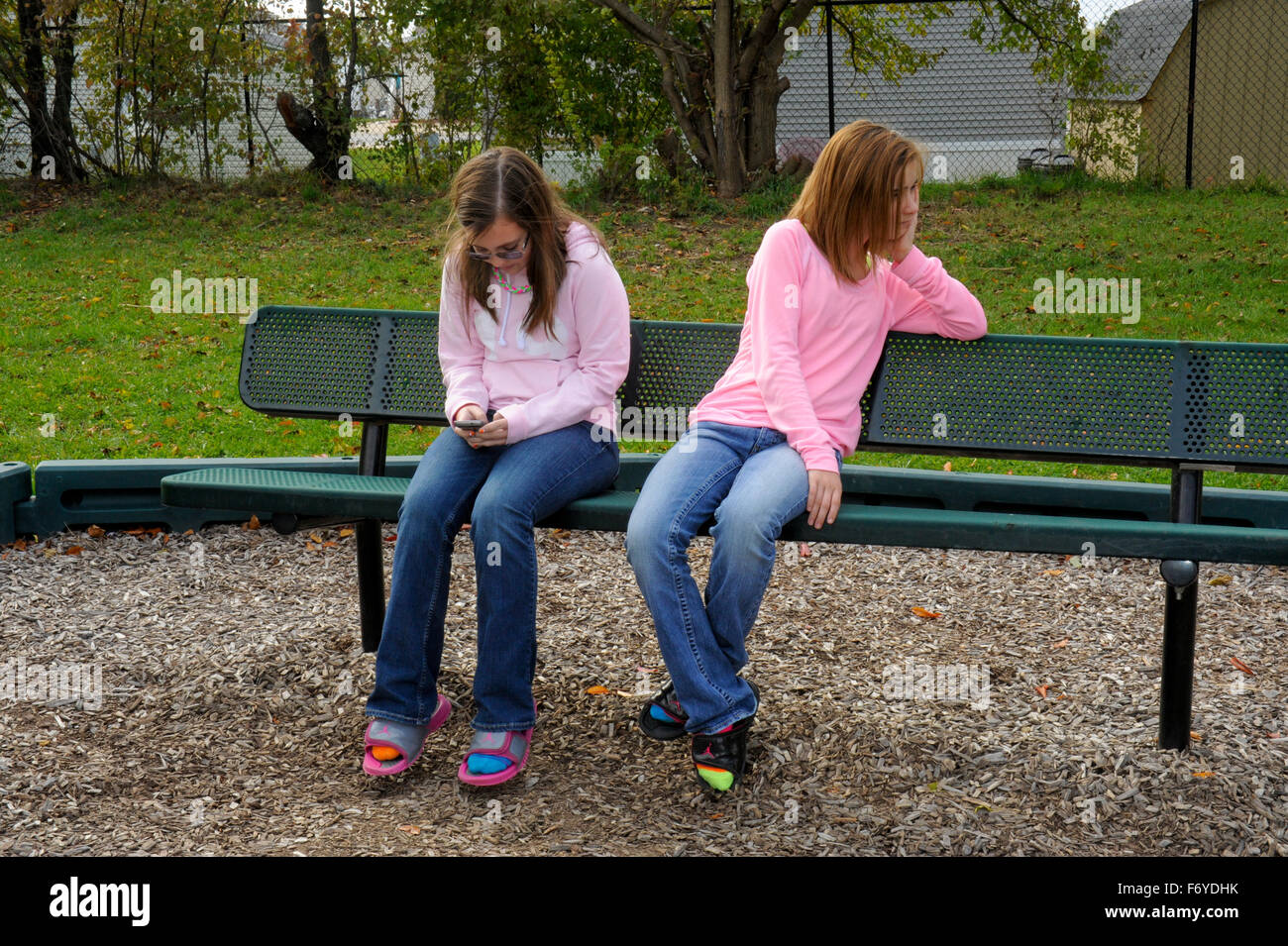 Two preteen girls in park. One girl being ignored while the other girl is on cell phone. Stock Photo