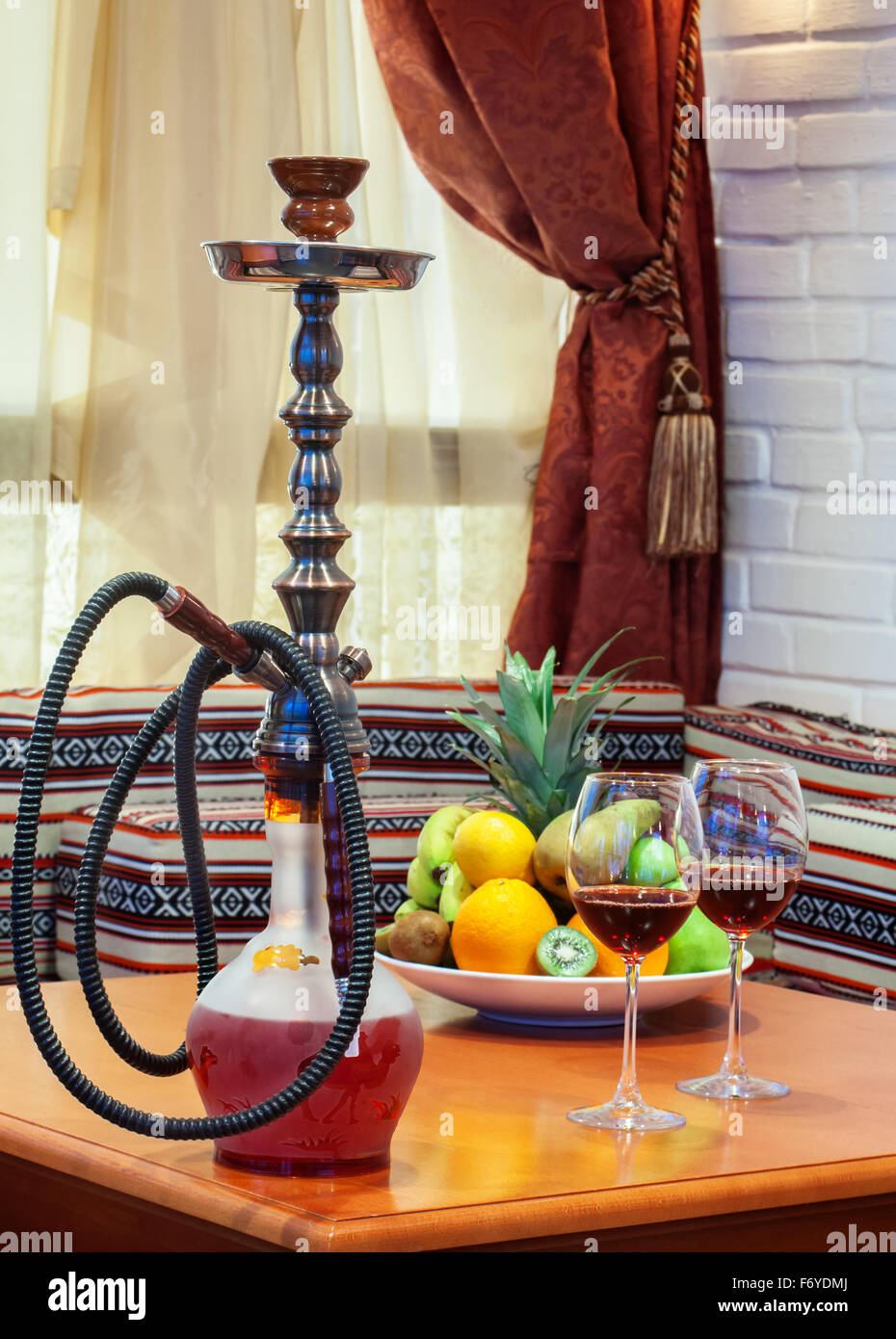 Hookah, glasses of wine and fruits Stock Photo Alamy