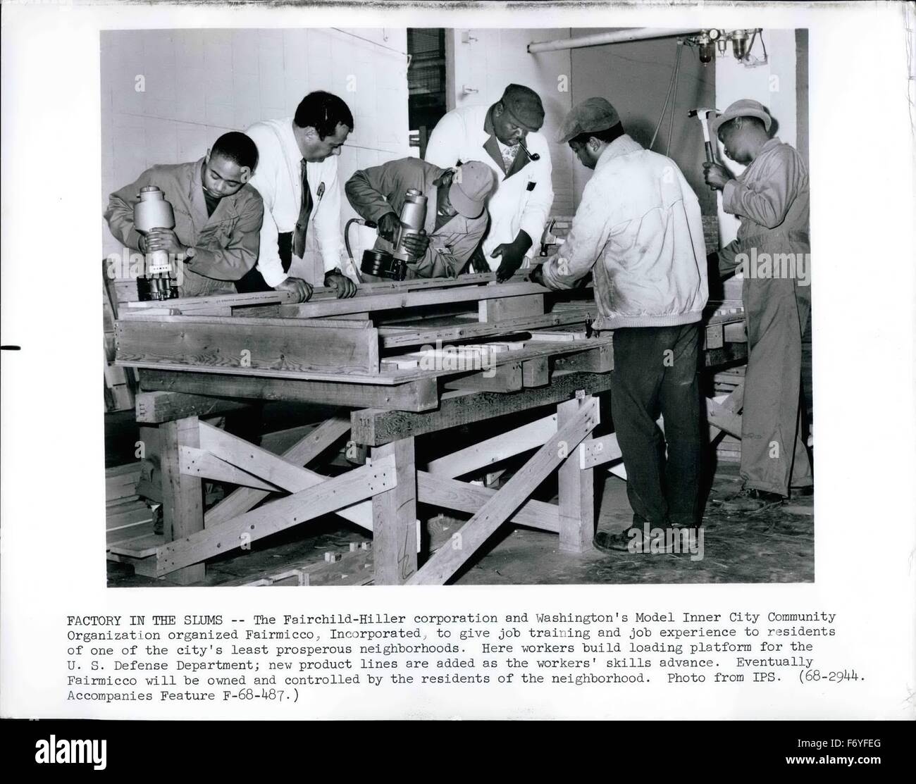 1968 - Factorty in the Slums -- The Fairchild-Hiller corporation and Washington's Model Inner City Community Organization organized Fairmicco, Incorporated to give job training and Job experience to residents of one of the city's least prosperous neighborhoods. Here workers build loading platform for the U. S. Defense Department; new product lines are added as the workers' skills advance. Eventually Fairmicco will be owned and controlled by the residents of the neighborhood. © Keystone Pictures USA/ZUMAPRESS.com/Alamy Live News Stock Photo