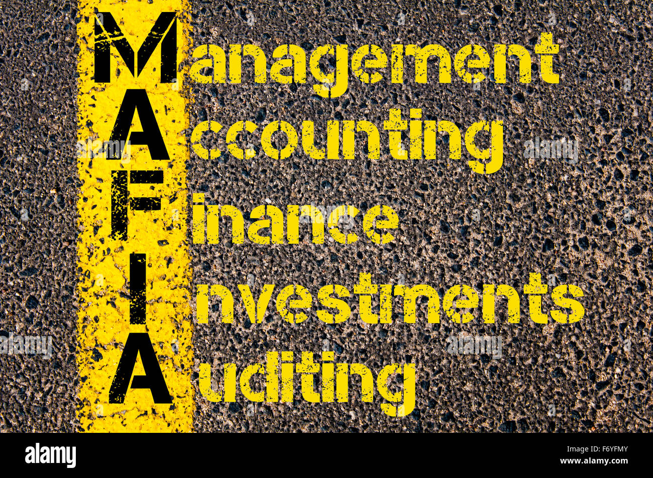 Concept image of Business Acronym MAFIA as Management Accounting Finance Investments And Auditing written over road marking yellow paint line. Stock Photo