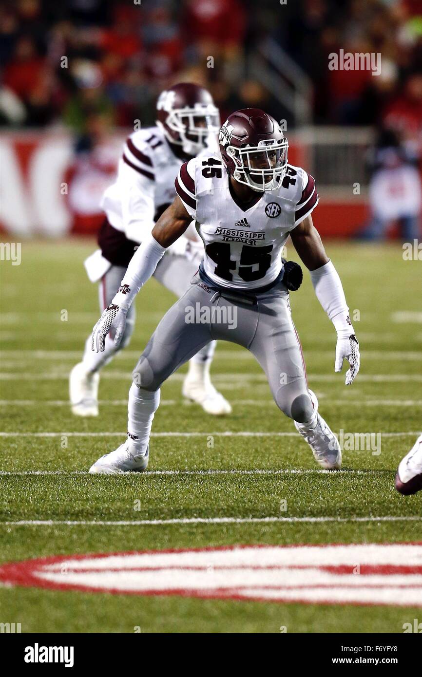 NOV 21, 2015: Mississippi State line backer J.T. Gray #45 comes up the field around the edge. The Mississippi State Bulldogs defeated the Arkansas Razorbacks 51-10 at Donald W. Reynolds Stadium in Fayetteville, AR, Richey Miller/CSM Stock Photo