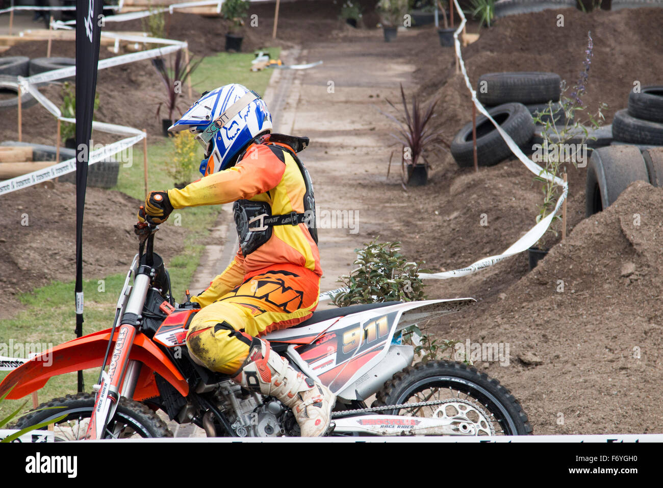 Sydney, Australia. 22nd November, 2015. Sydney Motorcycle Show from Sydney Olympic Park,exhibition motorcycle riding over motocross off road terrain on motocross trail bike Stock Photo