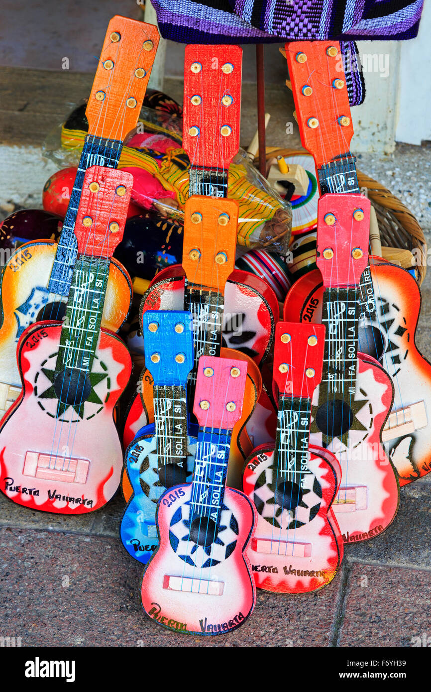Toy guitars embossed with Puerto Vallarta, souvenirs, Mexico Stock