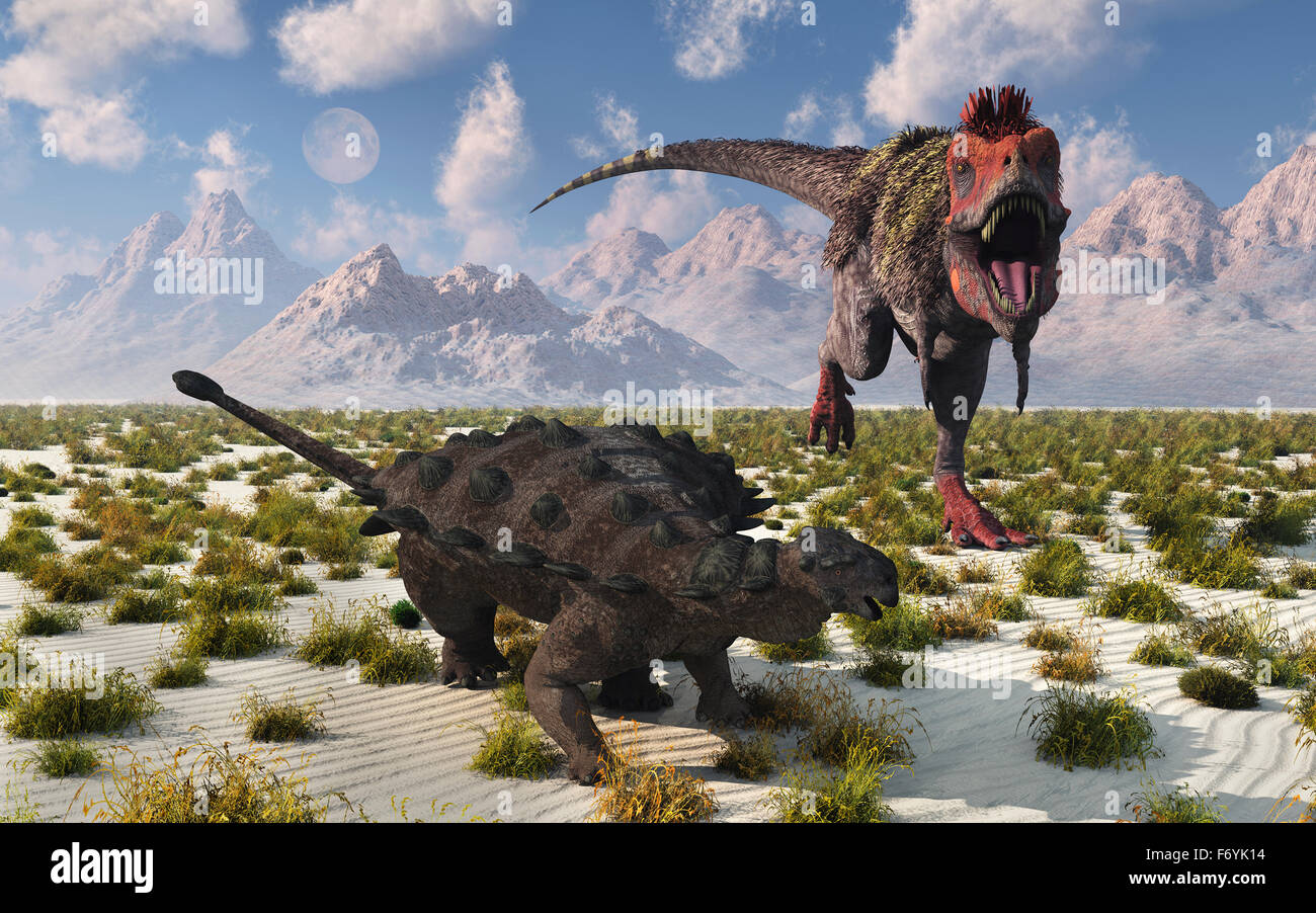 A Tarbosaurus Approaching A Pinacosaurus Stock Photo