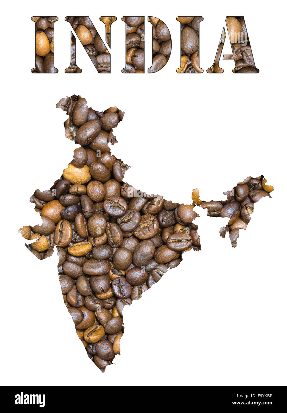 Roasted brown coffee beans background with the shape of the word India and the country geographical map outline. Image isolated Stock Photo