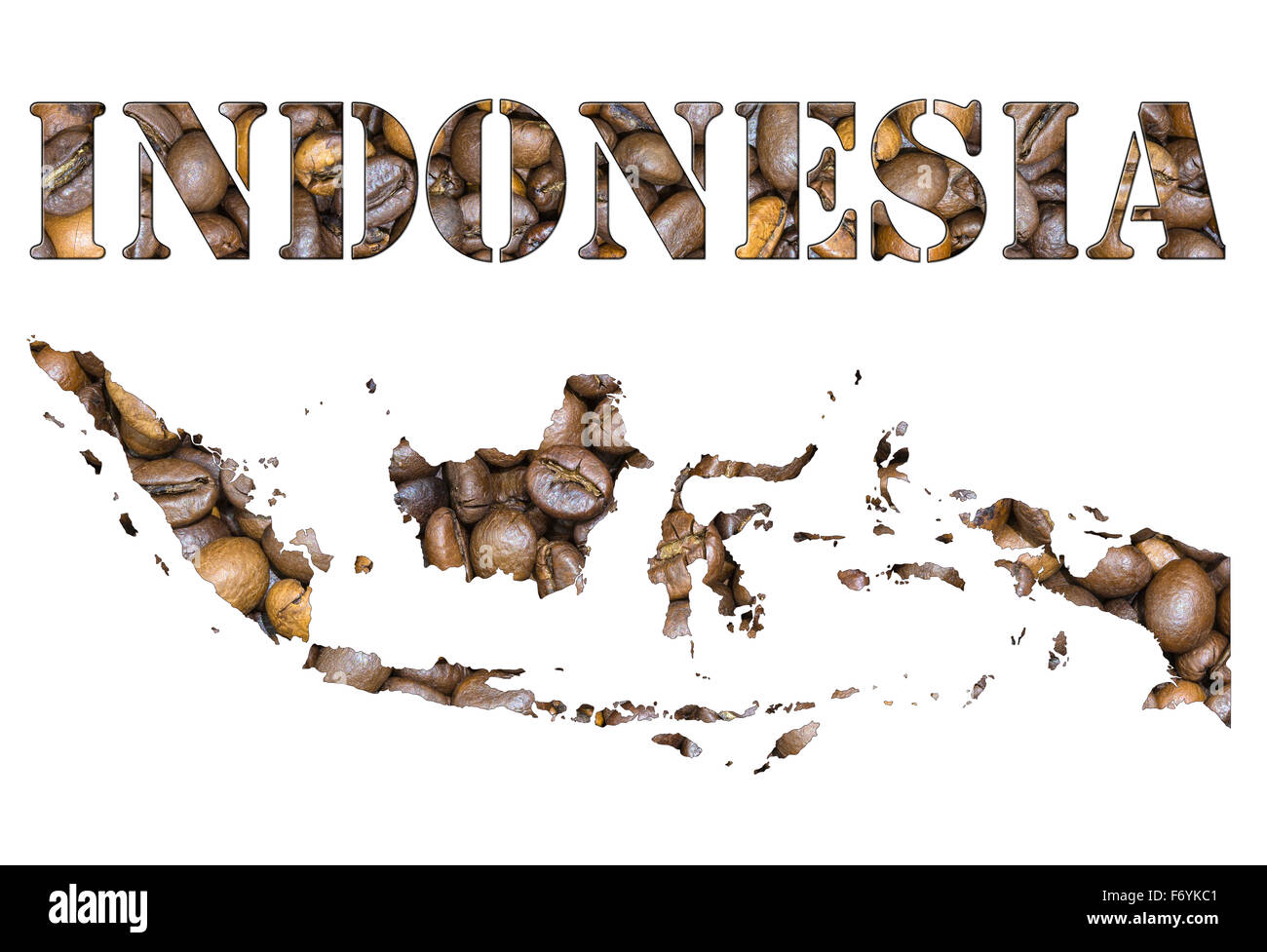 Roasted brown coffee beans background with the shape of the word Indonesia and the country geographical map outline. Image isola Stock Photo