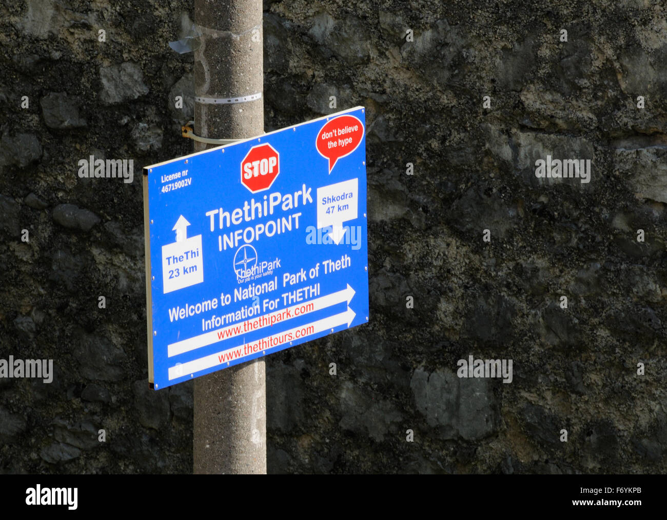 Information sign for the Theth National Park. Theth, Thethi, Albania. Stock Photo