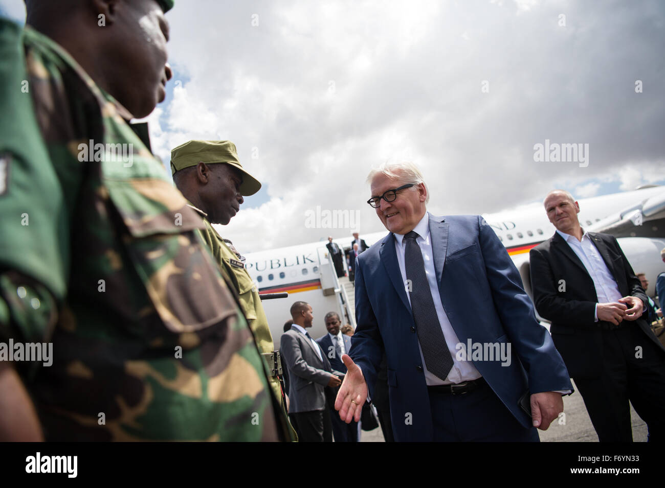 German Minister of Foreign Affairs Frank-Walter Steinmeier arrives to the airport in Arusha, Tanzania, 22 November 2015. Foreign Minister Steinmeier is visiting the four African states of Mozambique, Zambia, Uganda, and Tanzania with a cultural and economic delegation until Sunday, 22 November 2015. Photo: BERND VON JUTRCZENKA/dpa Stock Photo