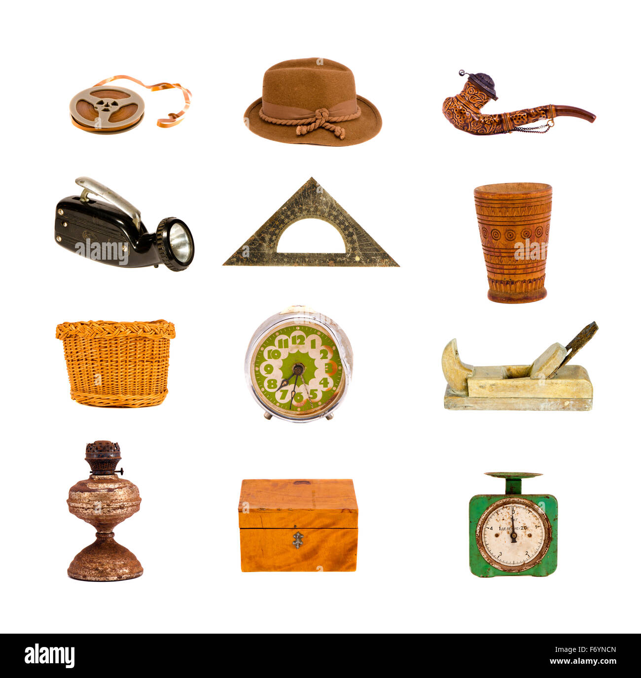 Various old retro objects and tools collection isolated on white Stock Photo