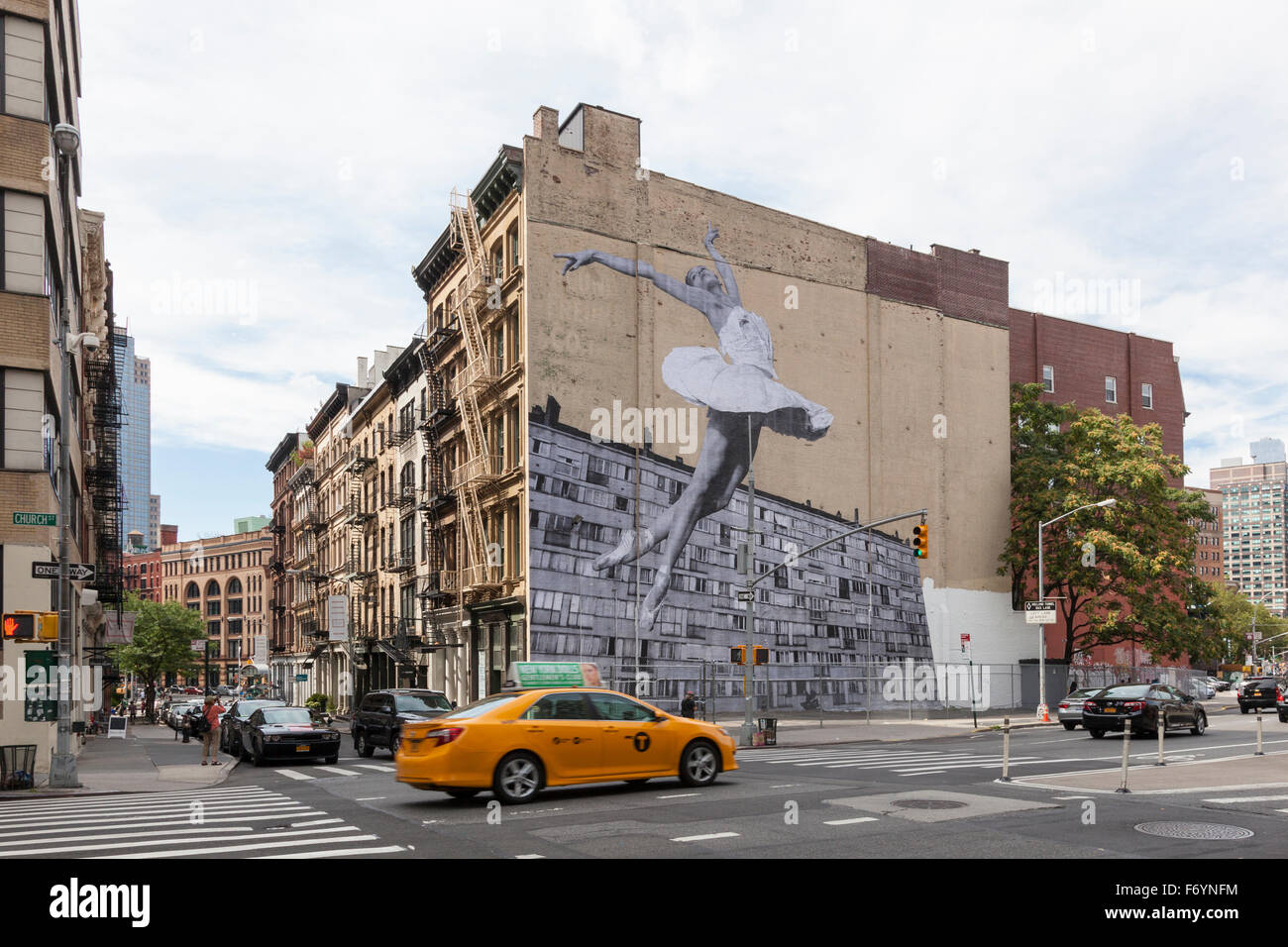 Mural of the ballerina Lauren Lovette, by French street artist JR, on the side of the building at 100 Franklin St, Tribeca, NYC Stock Photo