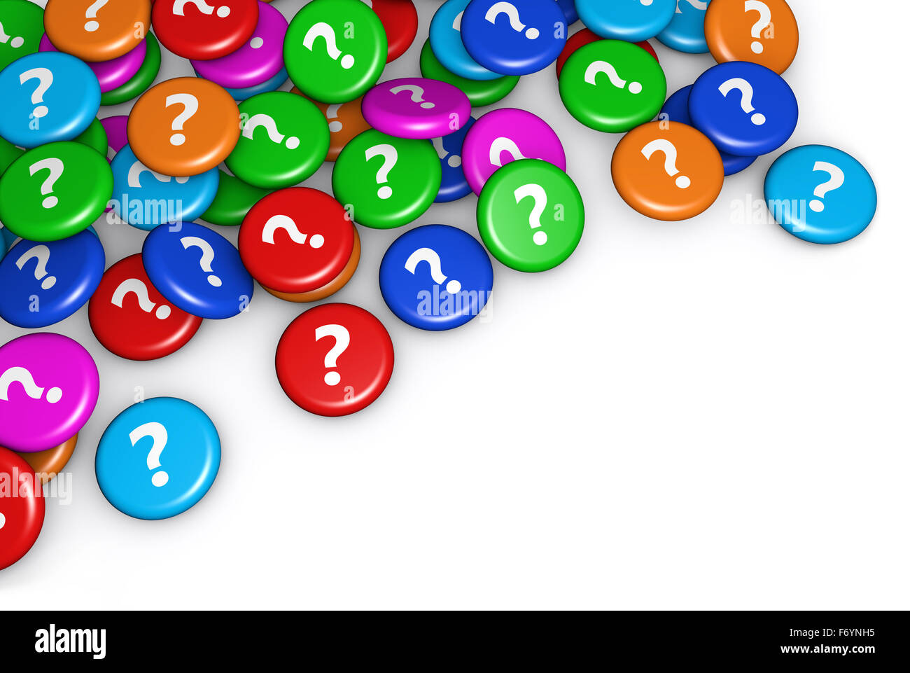 Question mark symbol and icon on scattered colorful badges conceptual 3d illustration for web and online business. Stock Photo