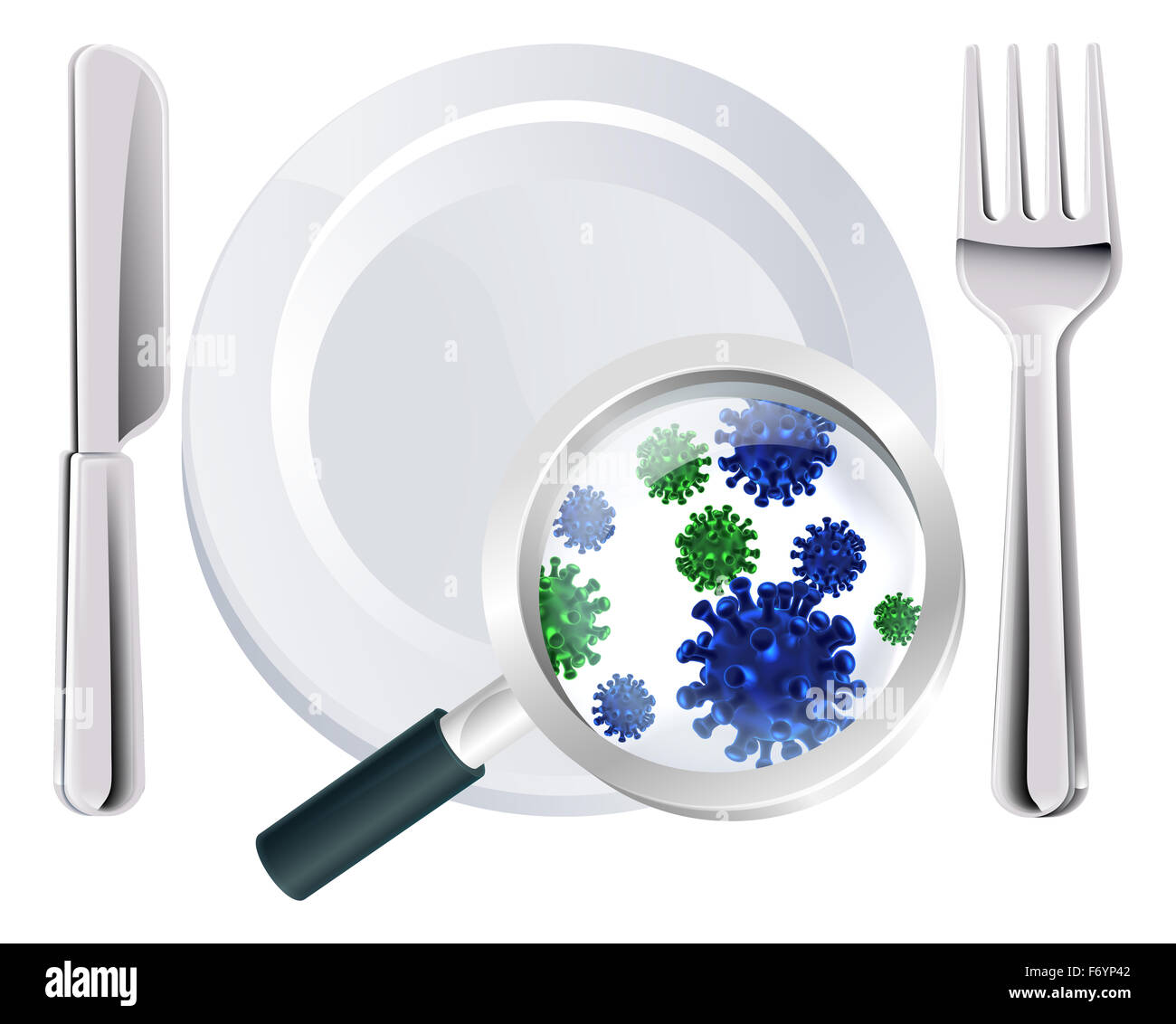 Microscopic bacteria cutlery concept of a plate, knife and fork place setting with a magnifying glass showing microscopic bacter Stock Photo
