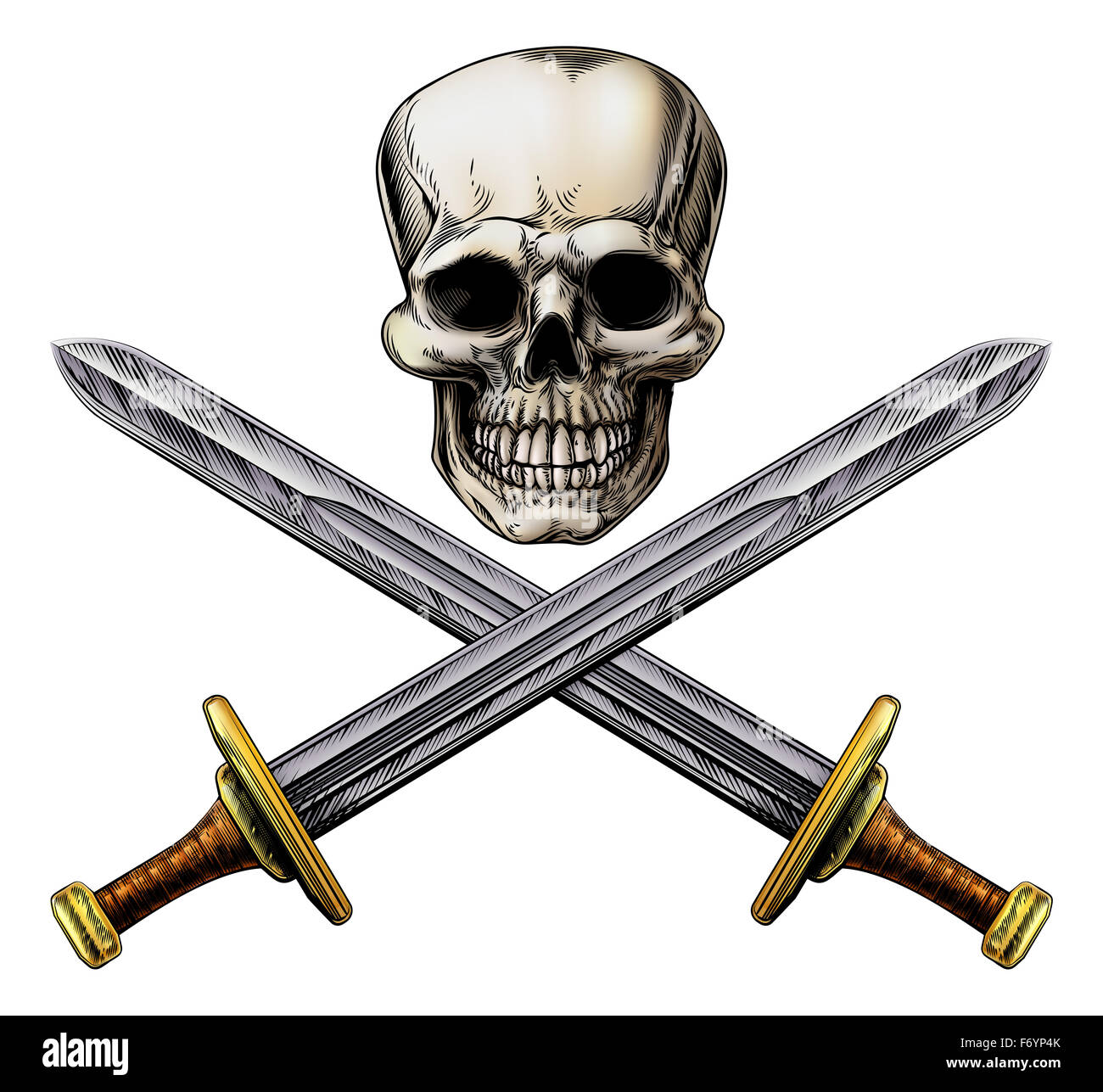 A human skull and crossed swords pirate style sign in a woodblock style Stock Photo