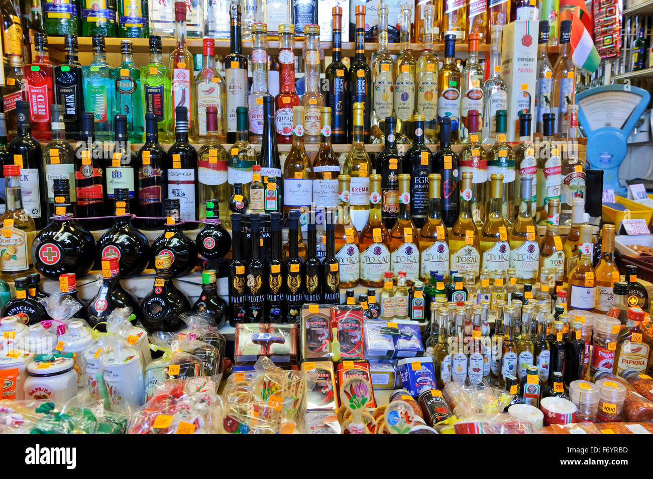 Bottles of Hungarian wine on sale in the Great Market Hall, Budapest