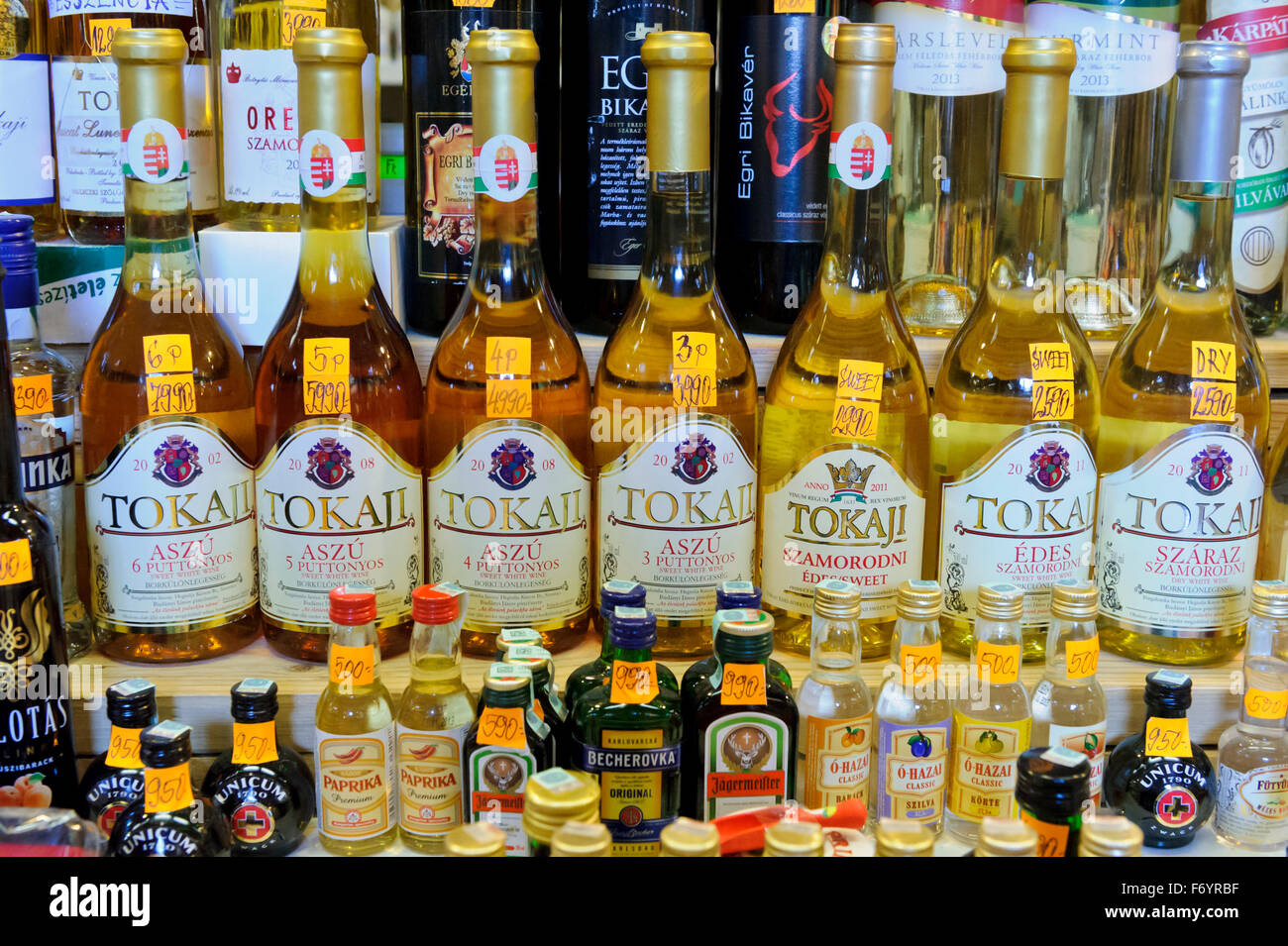 Bottles of Hungarian wine on sale in the Great Market Hall, Budapest