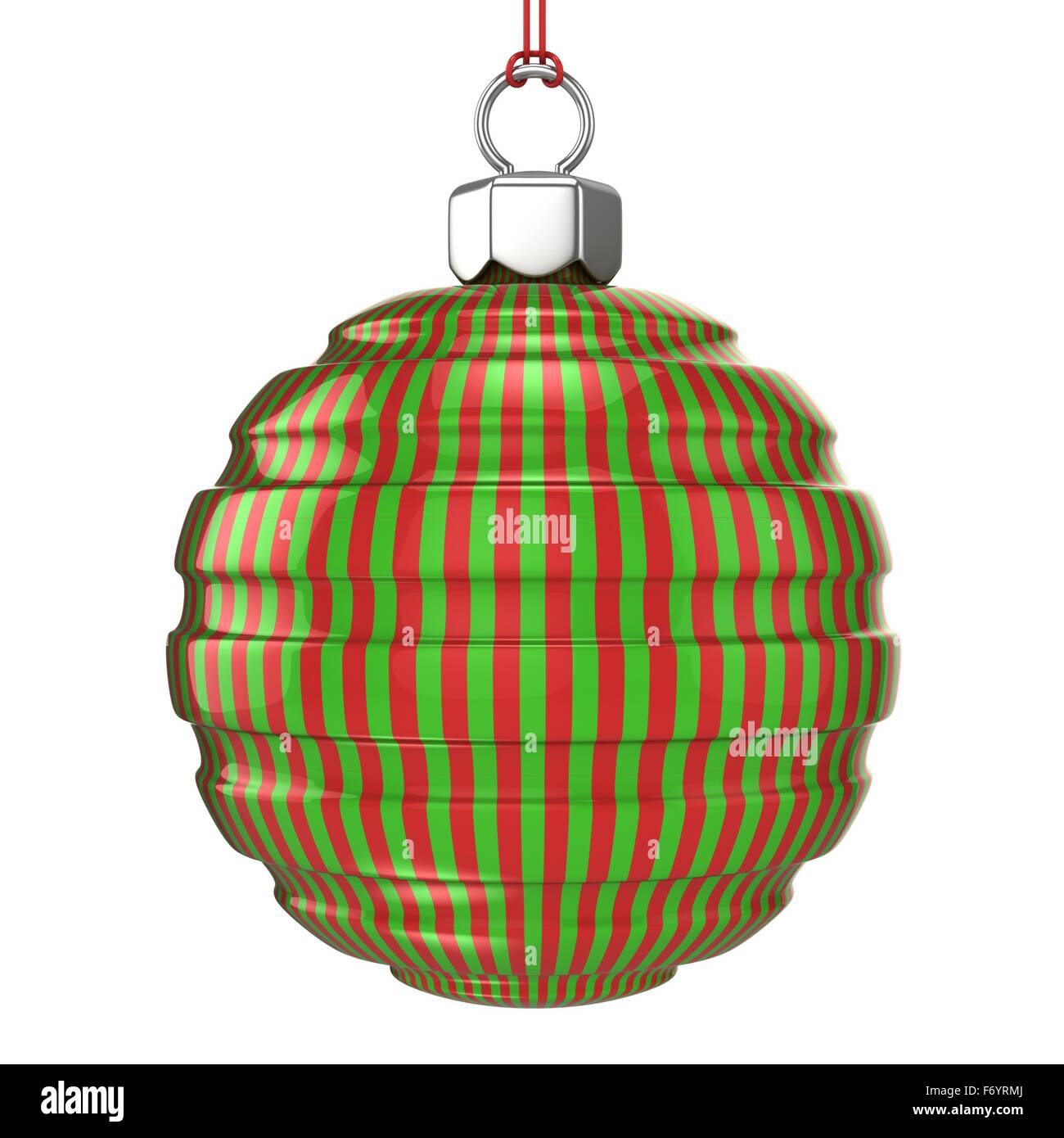 Red and green striped Christmas ball isolated on white background. 3D