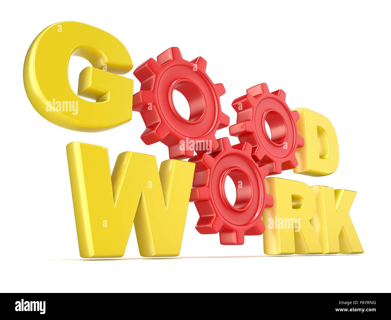 The words GOOD WORK in 3D letters and gear wheels. Render illustration isolated on white background Stock Photo