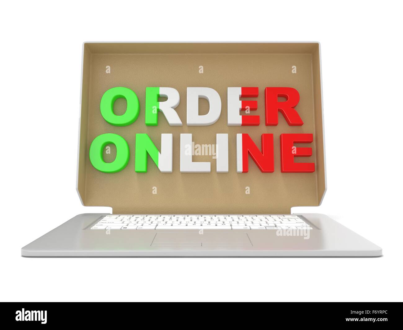 Order online - Italian food. Cardboard box cover on laptop. 3D render illustration isolated on white background Stock Photo