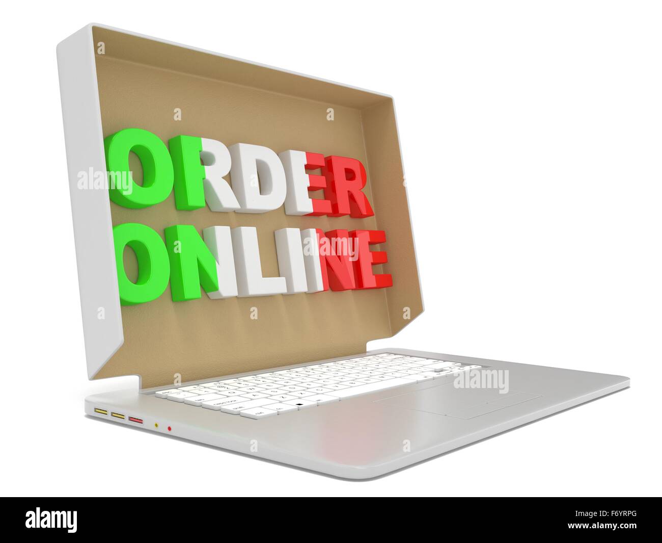 Order online - Italian food. Cardboard box cover on laptop. 3D render illustration isolated on white background Stock Photo