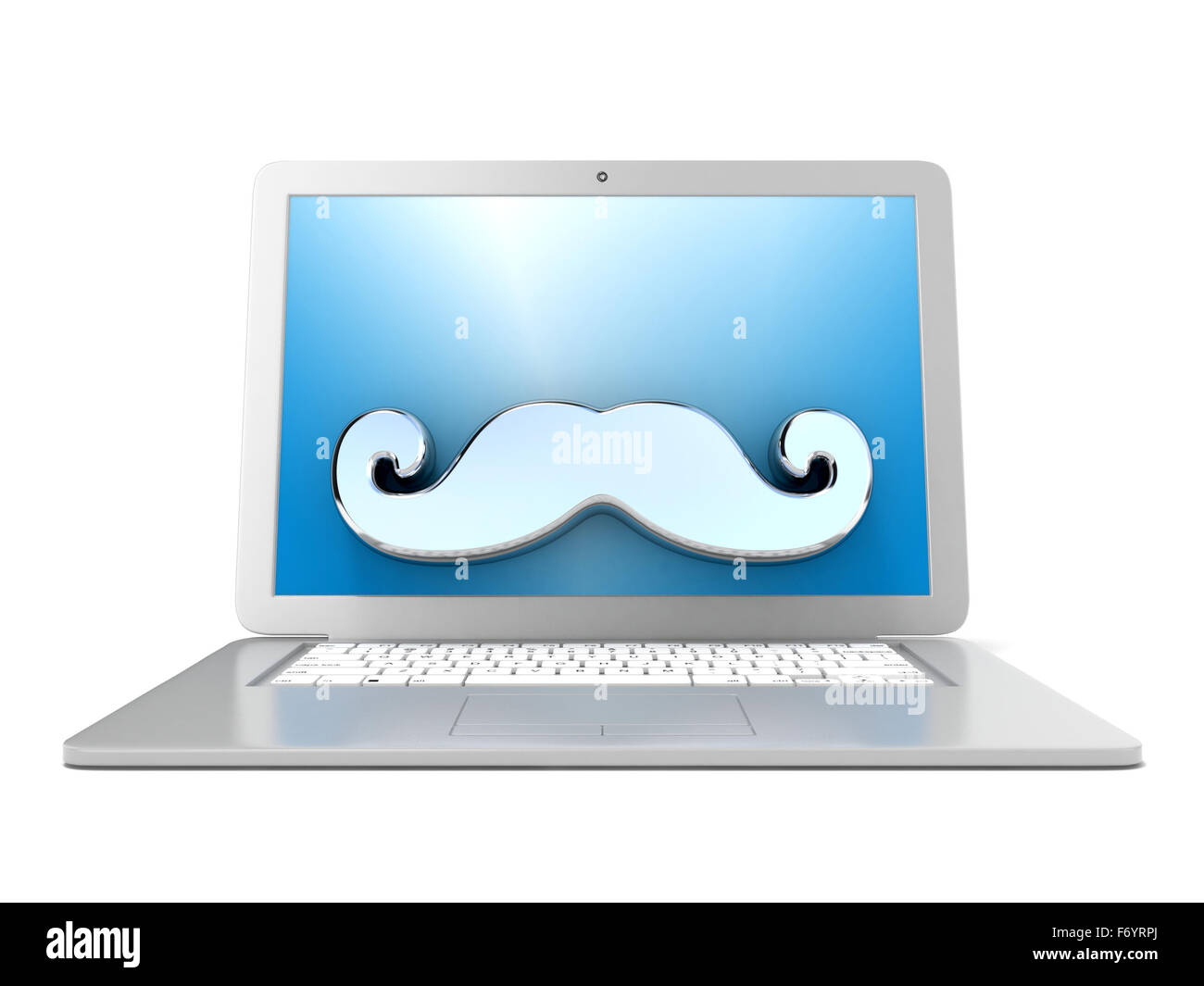 Mustache on laptop. Front view. 3D render illustration isolated on white background Stock Photo