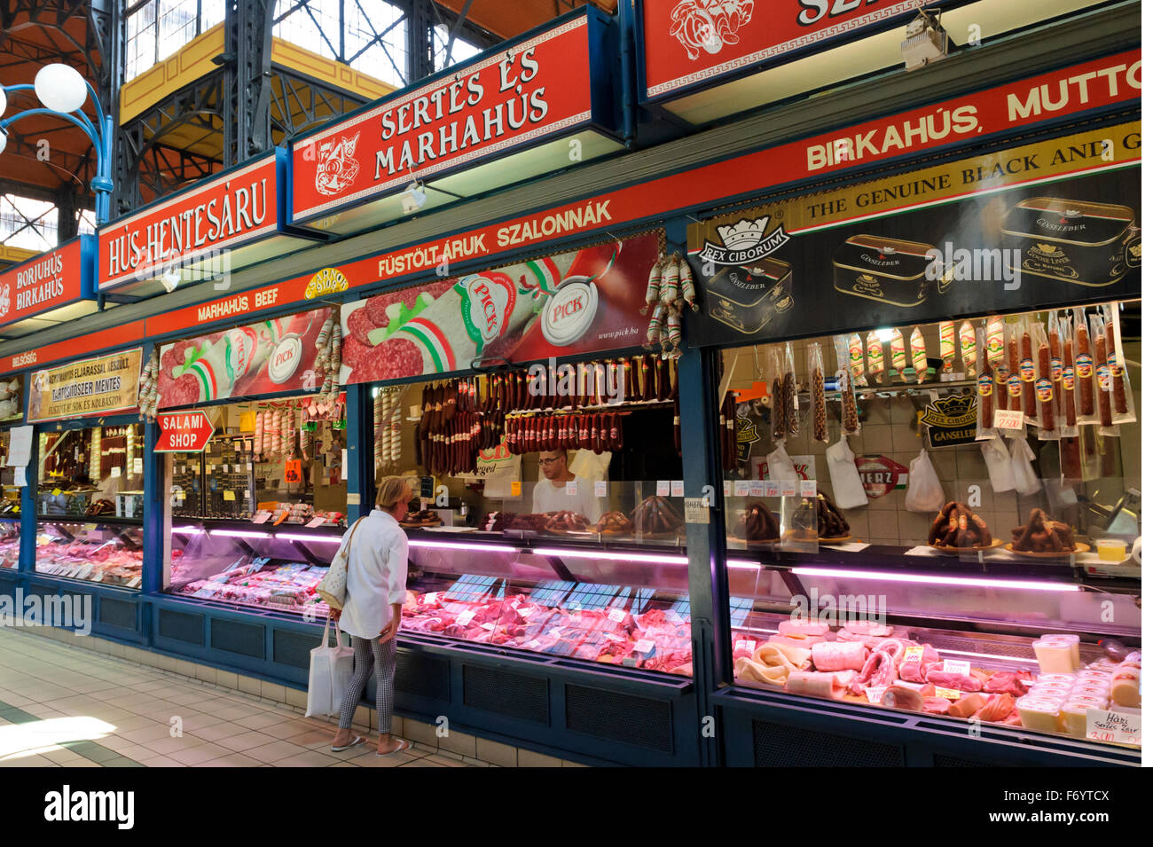 A butcher shop in Central Market Hall, Budapest, Hungary Stock Photo