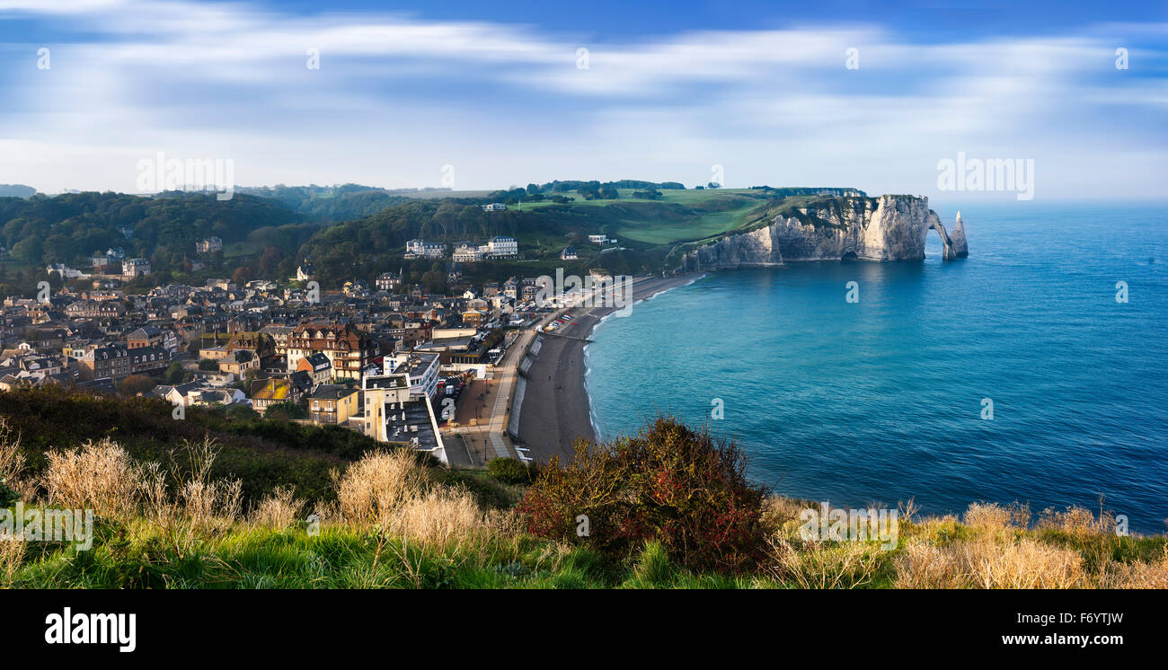 Falaise d'Amont cliff and Etretat city, Normandy, France Stock Photo