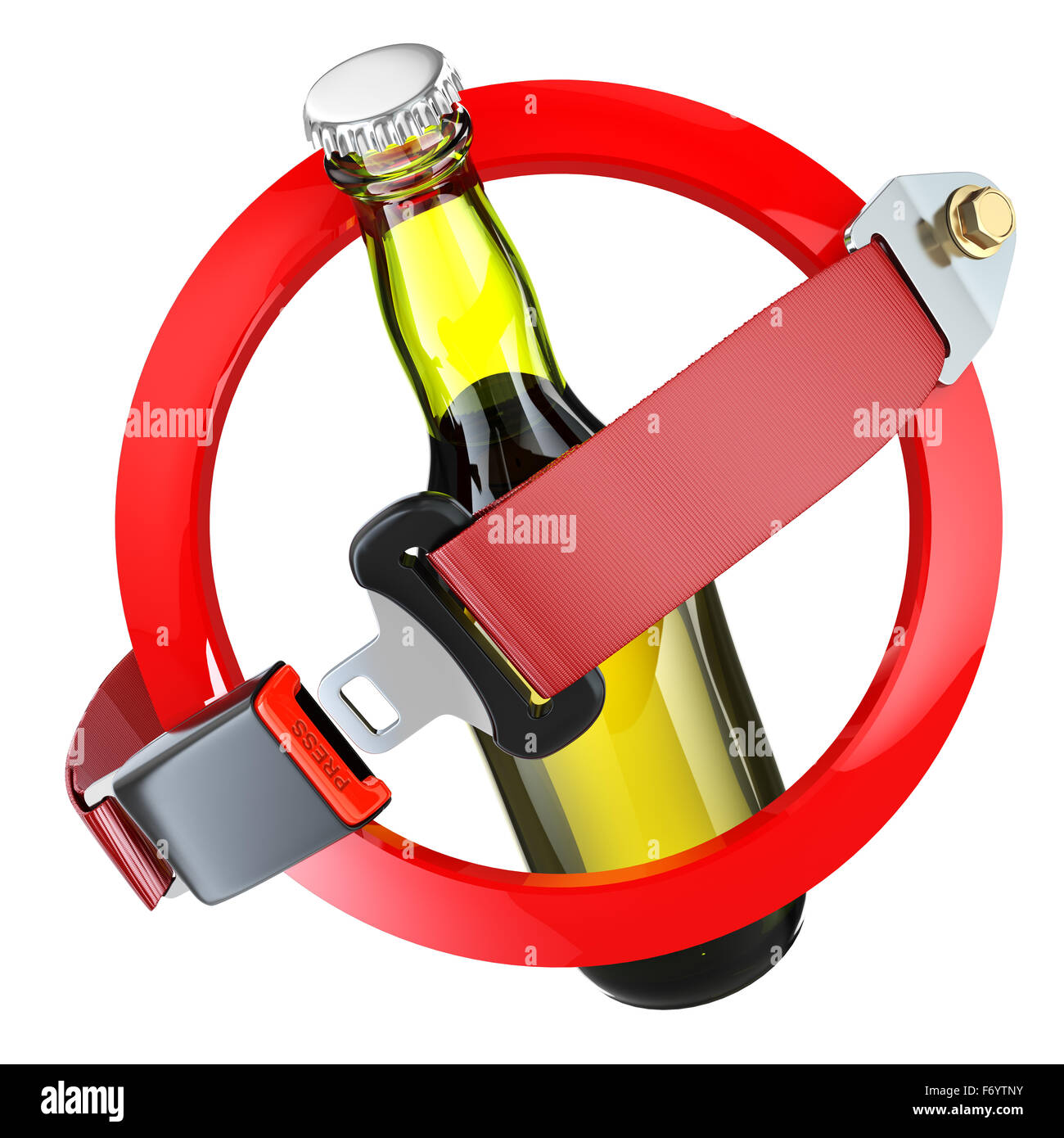 No alcohol sign concept. Bottle of beer and safety belt isolated on white. 3d Stock Photo
