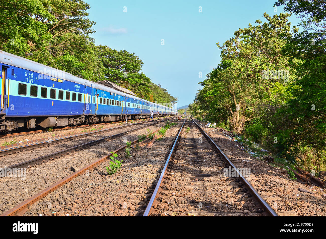 A passenger train waiting on tracks lined by trees on either side at the scenic 'Veer' railway station on Konkan Railway. Stock Photo