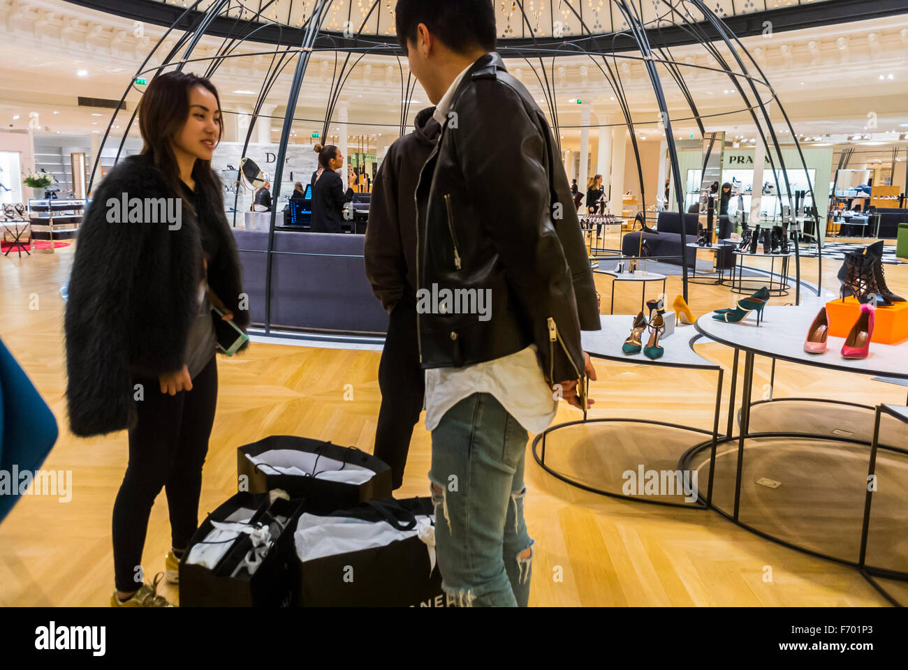 Paris, France, Fashionable Chinese Tourists Buyers, Shopping , French Department Stores, 'Le Bon Marché', inside, Chanel Shop, centre fashion, Prestige consumer Stock Photo