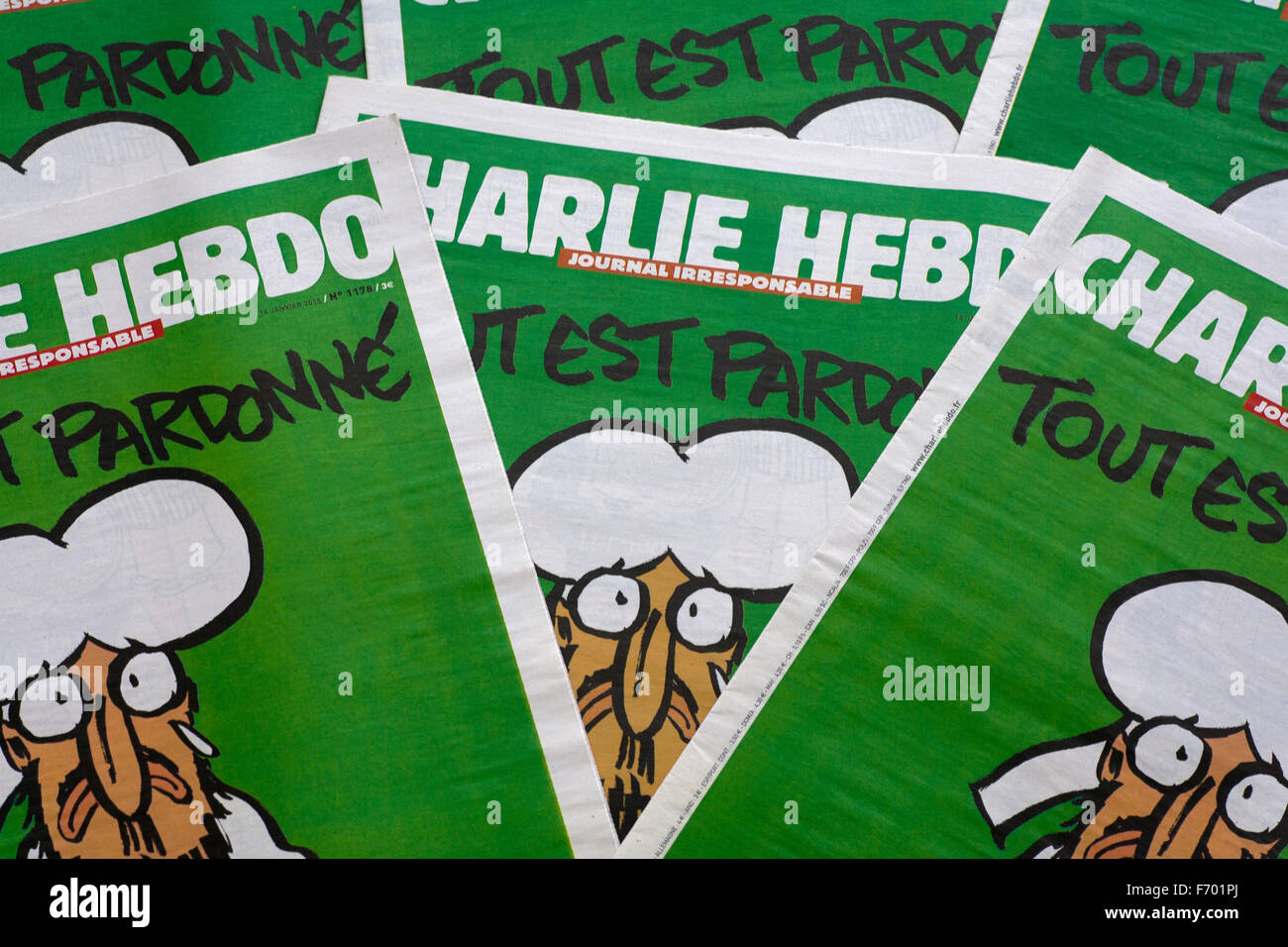 Multiple copies of 'Je Suis Charlie' issue of Charlie Hebdo (first edition after terrorist murders in 2015) Stock Photo