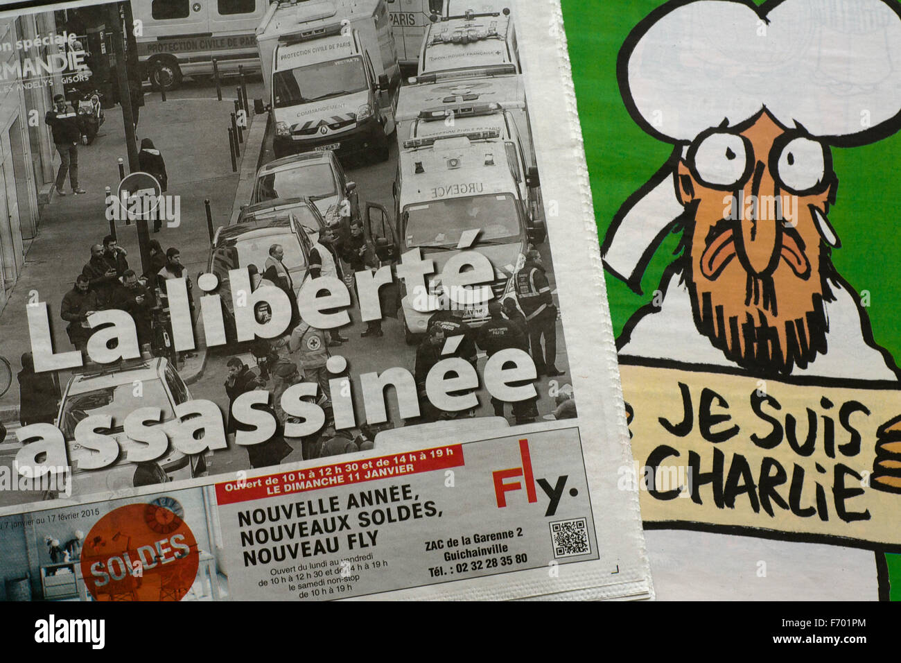 Paris-Normandie cover after Charlie Hebdo attack alongside copy of Charlie Hebdo with Prophet Muhammad cartoon Stock Photo